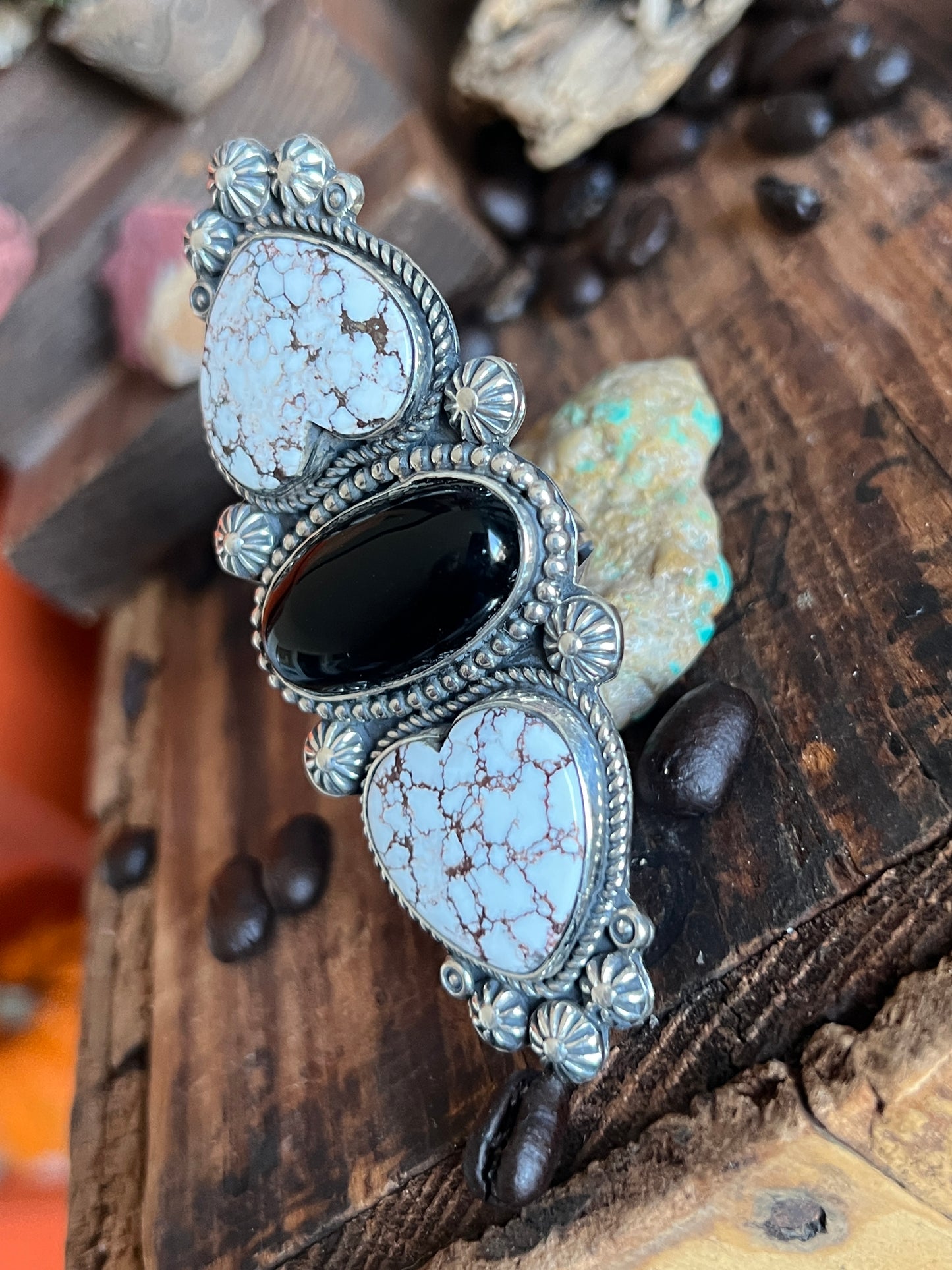 Rosella Paxson Triple Stone Sterling ring with Wild Horse Magnesite Hearts and Oval Onyx, Sz 8.5