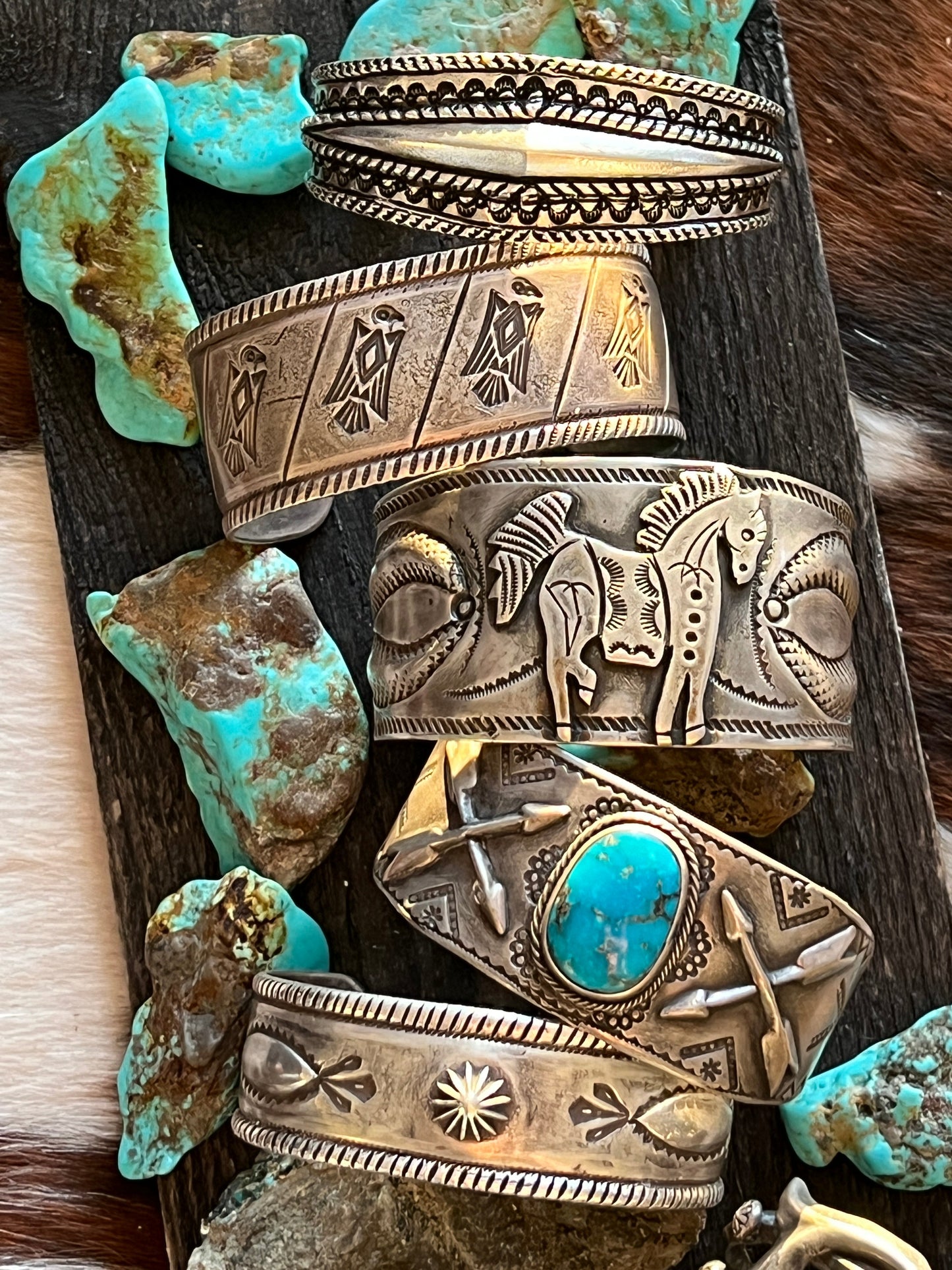 Hand Forged Old Pawn Sterling Silver Ingot Cuff Bracelet by Santa Fe Artist, Buffalo: The Birds
