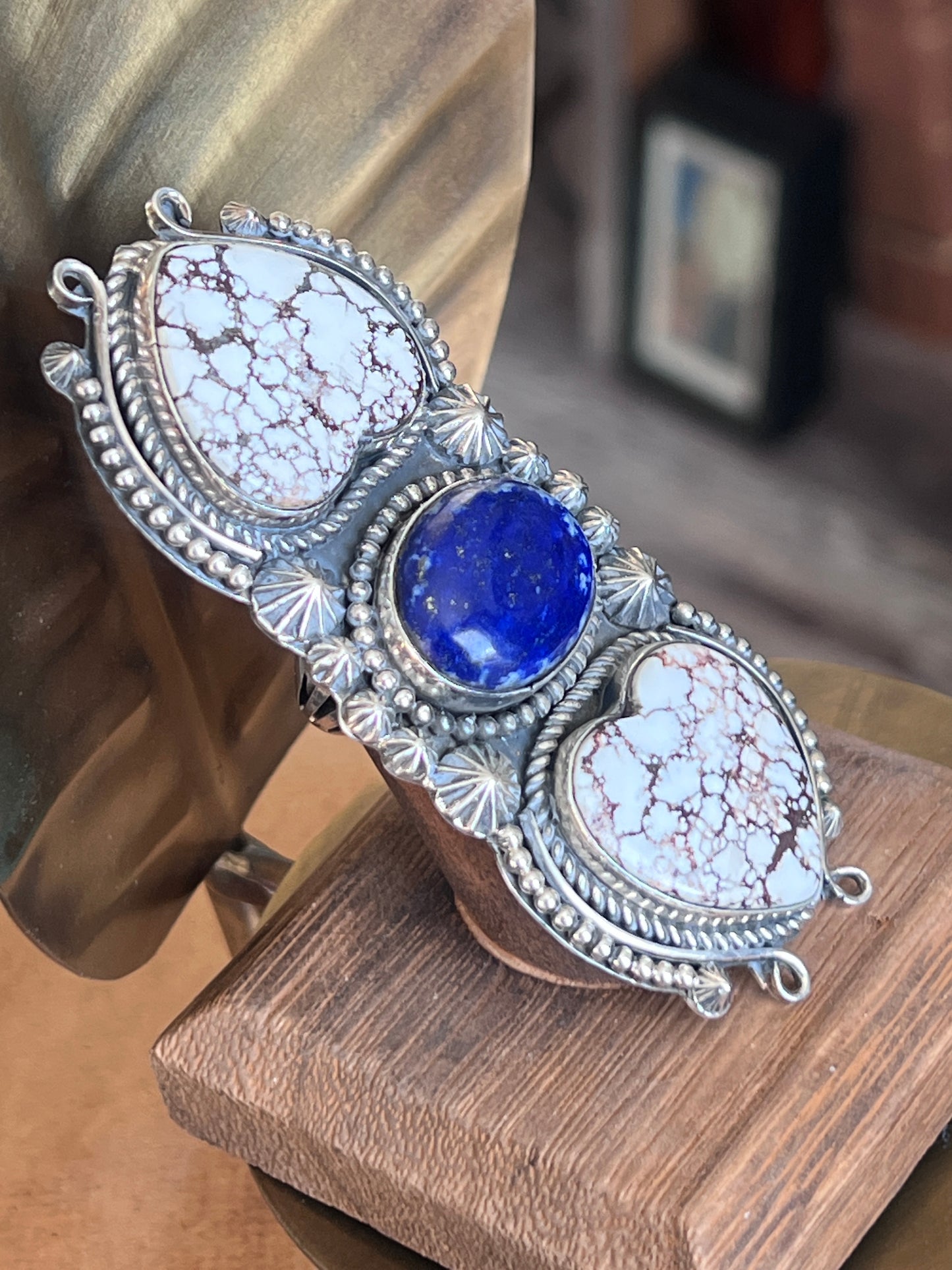 Rosella Paxson Sterling Silver, Lapis Lazuli & Wild Horse Heart Triple Stone Ring