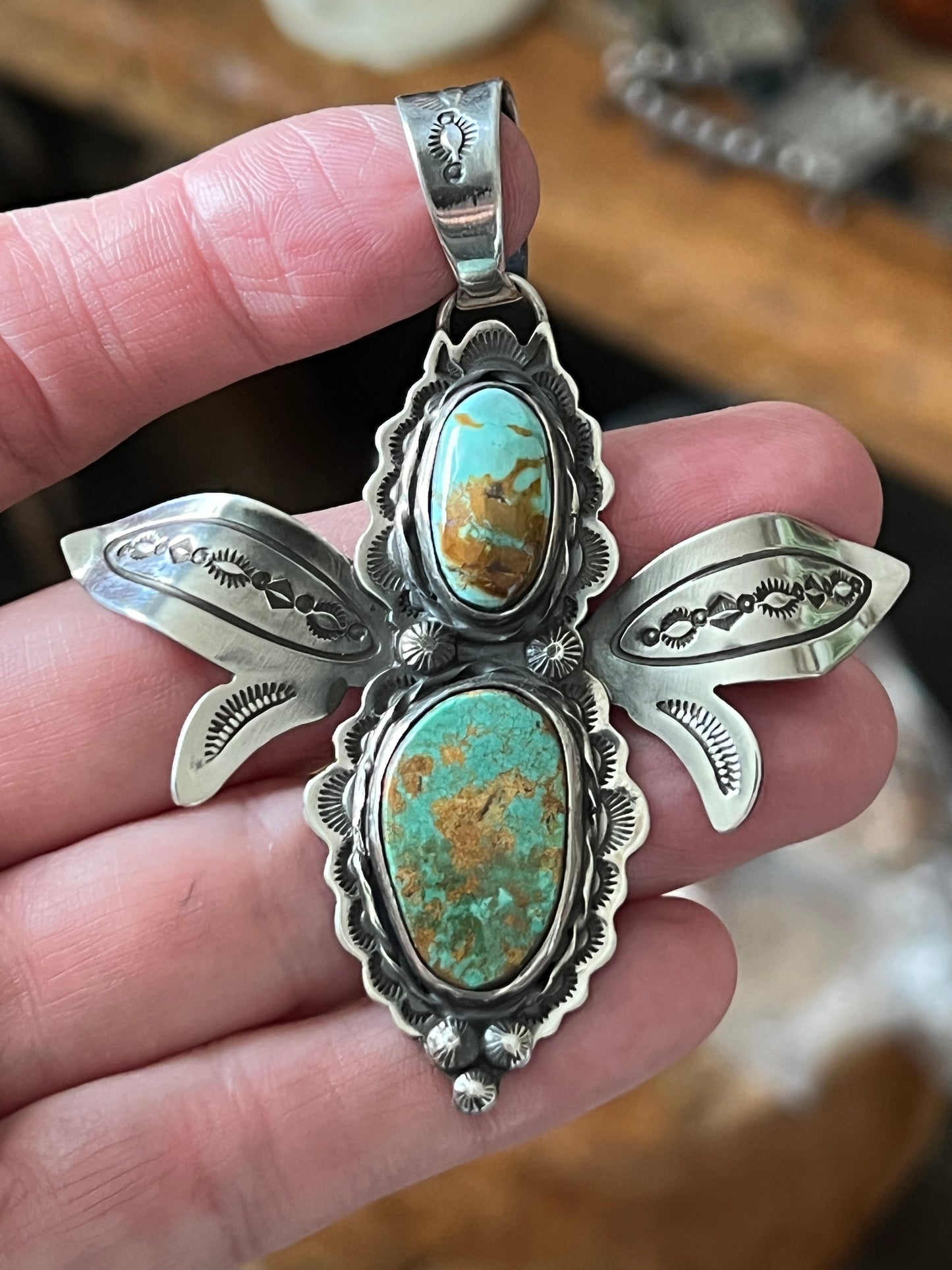 Hand Stamped Sterling Silver and Turquoise Winged Bug Pendant by Kimari Somers