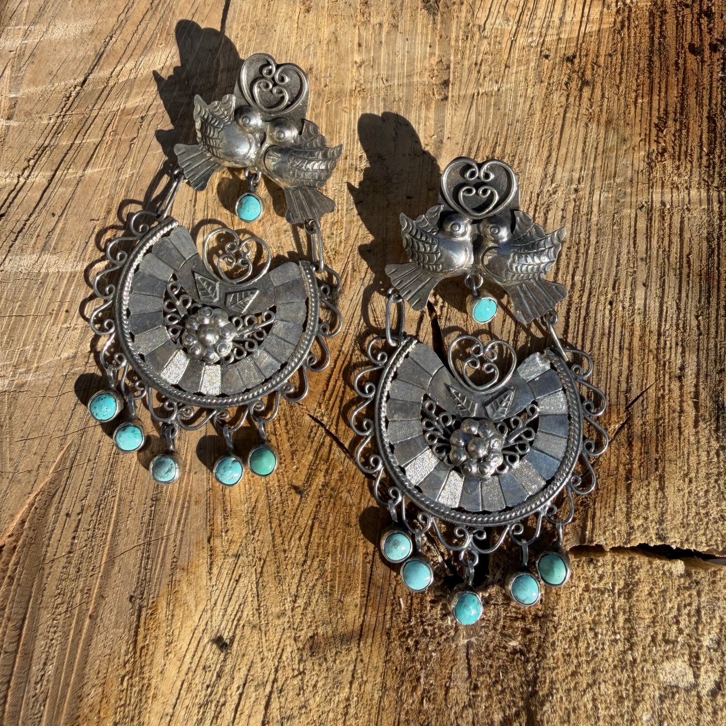 Sterling Silver Half Disc and Turquoise Filigree Lovebird Earrings by Federico Jimenez