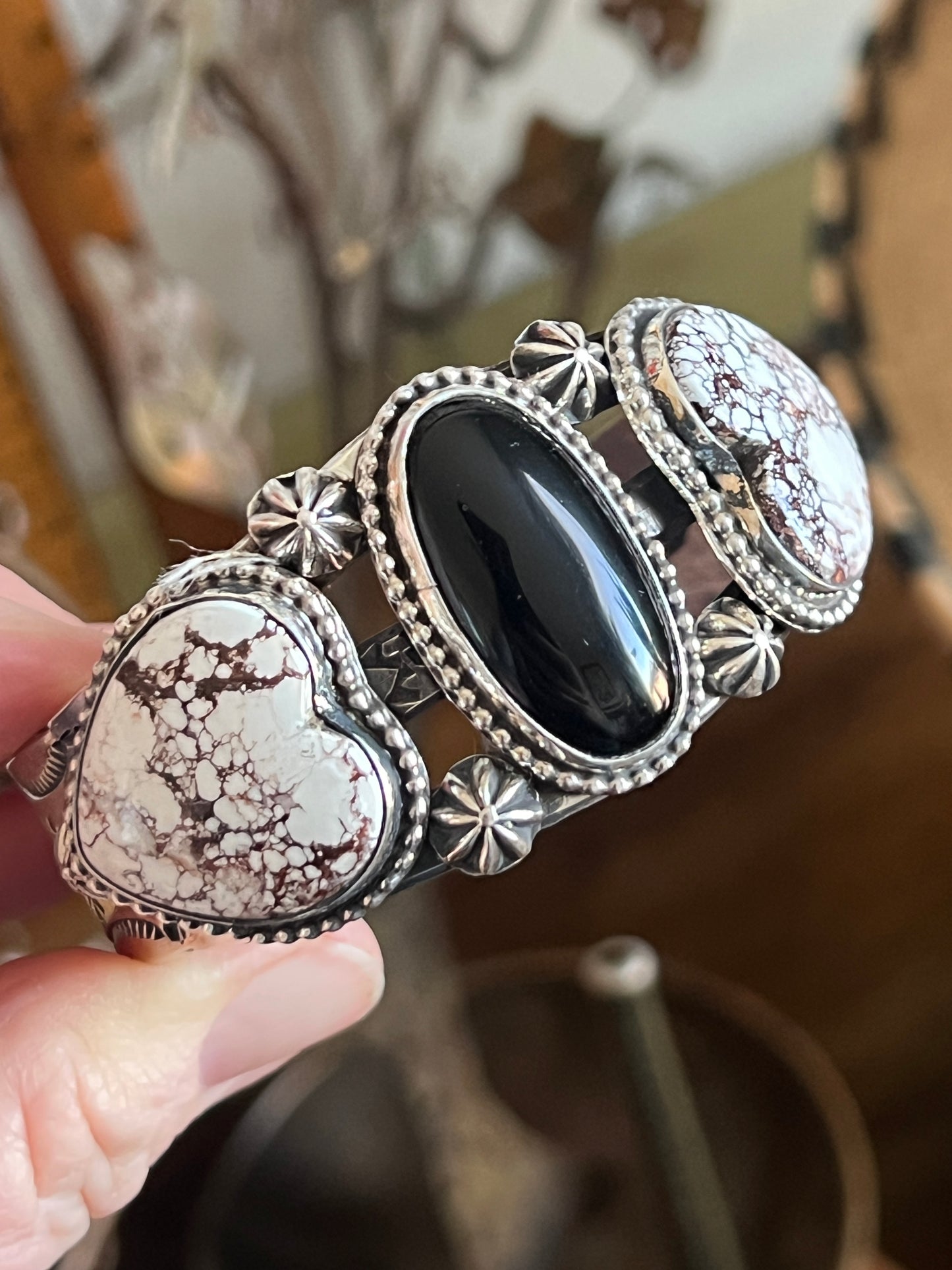 Rosella Paxson Sterling Silver Cuff Bracelet with Wild Horse Magnesite Hearts and Oval Onyx