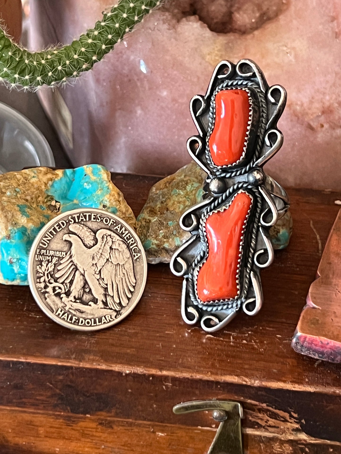 Navajo Stunning Vintage Sterling Silver and Mediterranean Coral Ring, Size 9.5