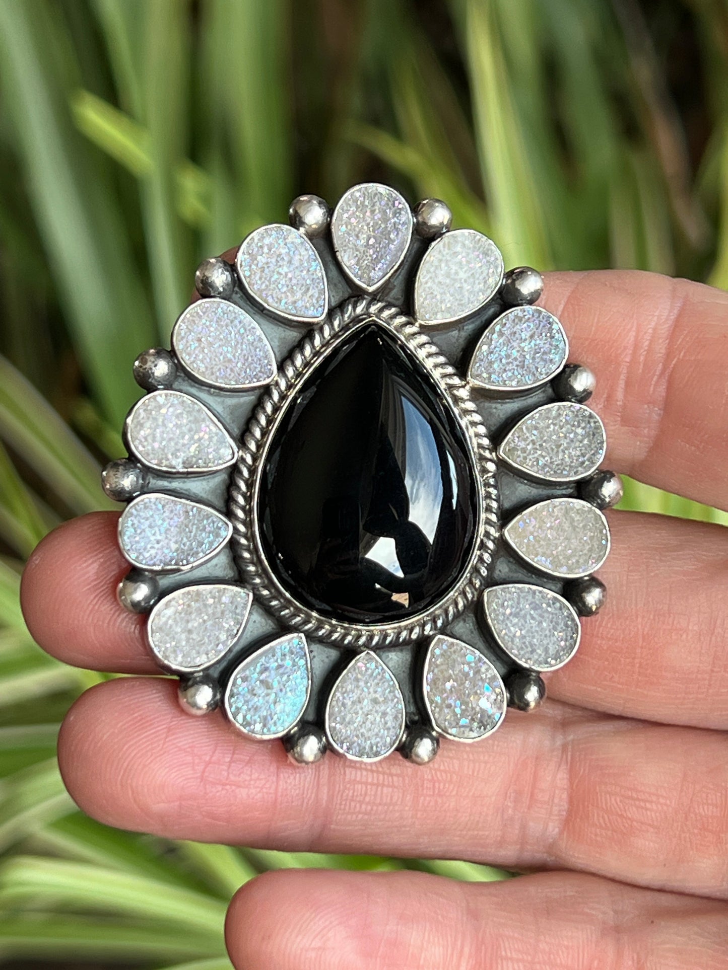 Navajo Sterling Silver, Black Onyx and Angel Aura Druzy Quartz Cluster Ring by Tyler Brown, Adjustable