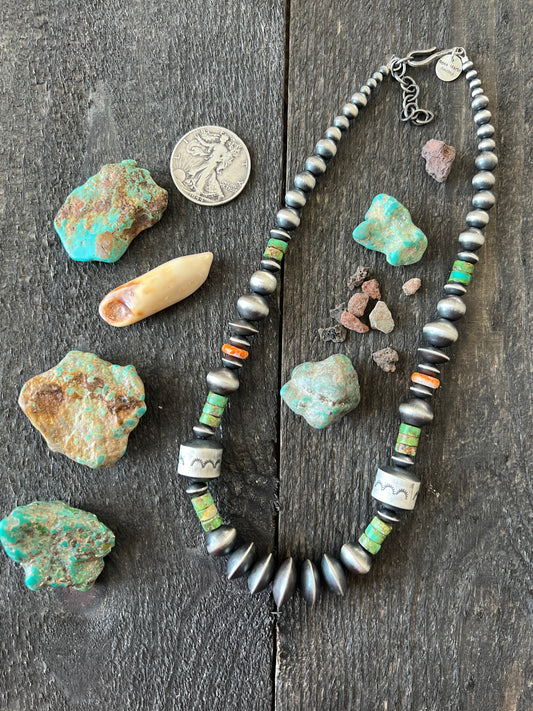 Navajo Made Electric Rainbow Sterling Silver, Turquoise and Spiny Oyster Single Strand Beaded Necklace by Rose Martin, X-tra Chunk, 18 + 2 Inches