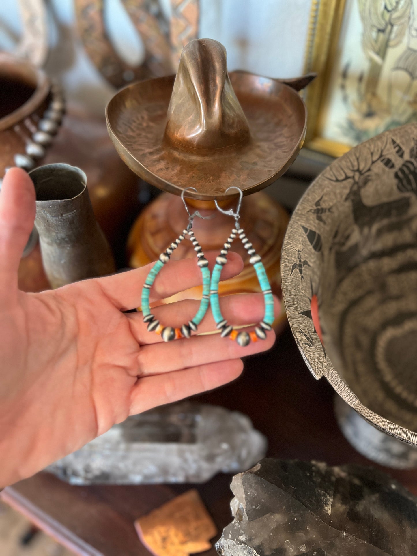 Navajo Made Sterling Silver, Kingman Turquoise and Orange Spiny Oyster Beaded Teardrop Hoop Earrings, Leverback