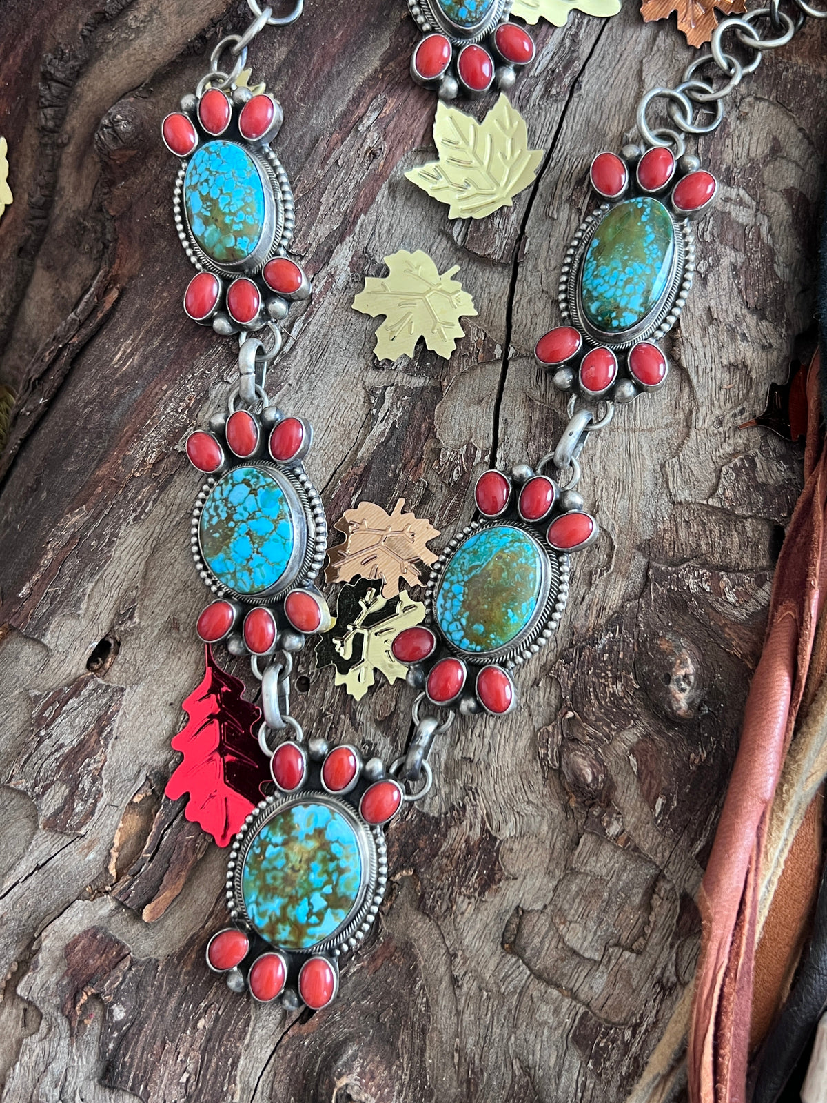 Taos Collection: Handcrafted Sterling Silver, Kingman Turquoise and Mediterranean Coral Necklace & Earrings Set by Kathleen Chavez