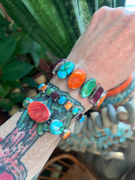 Loretta Delgarito Sterling Silver Electric Rainbow Link Turquoise and Spiny Oyster Bracelet, Ovals & Rectangles