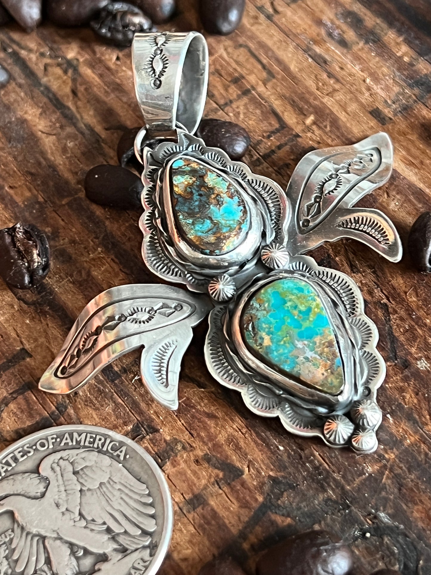 Kimari Somers Hand Stamped Sterling Silver and Turquoise Winged Bug Pendant