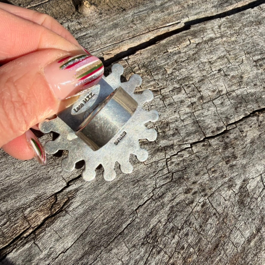 Navajo Sterling Silver Mediterranean Coral Sunburst Ring Signed by Leon Martinez