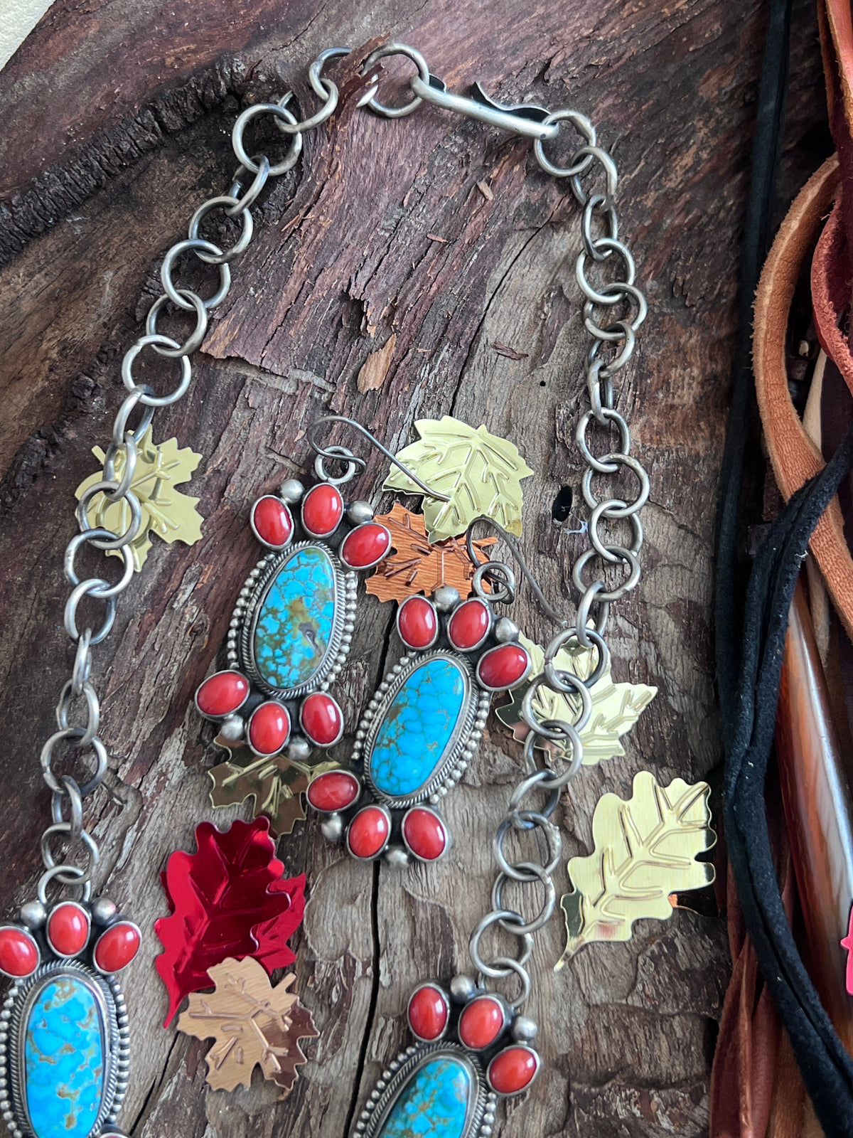 Taos Collection: Kathleen Chavez Sterling Silver, Kingman Turquoise & Mediterranean Coral Necklace and Earrings Set