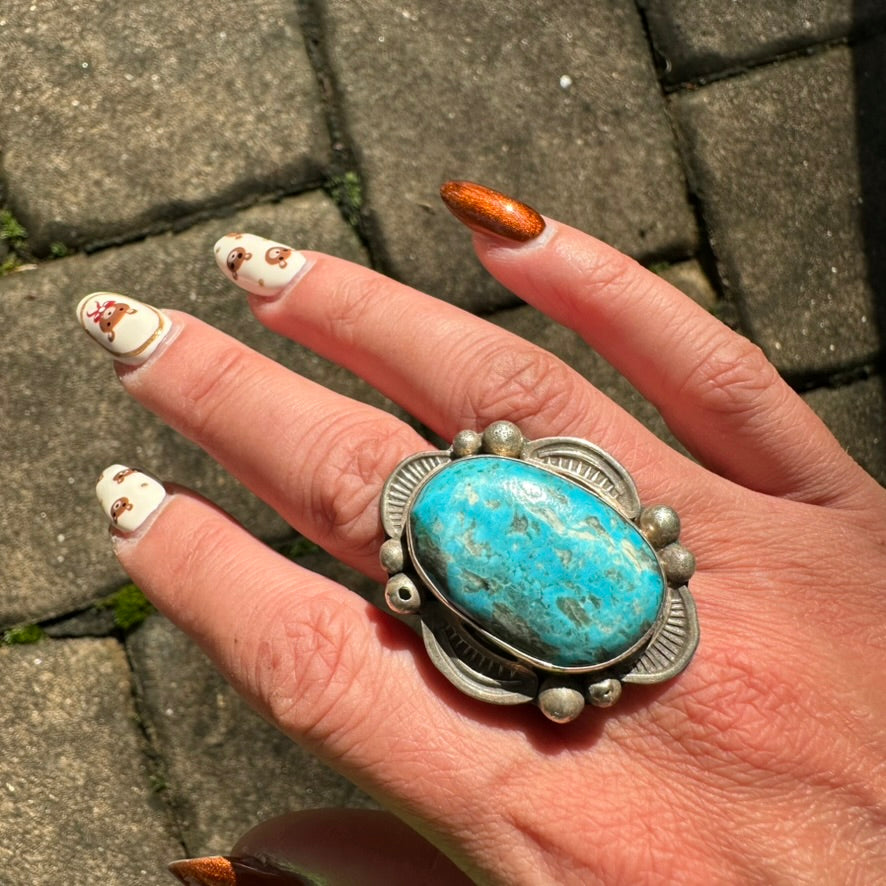 Vintage Navajo Sterling Silver and Blue Turquoise Ring Signed by Albert Cleveland