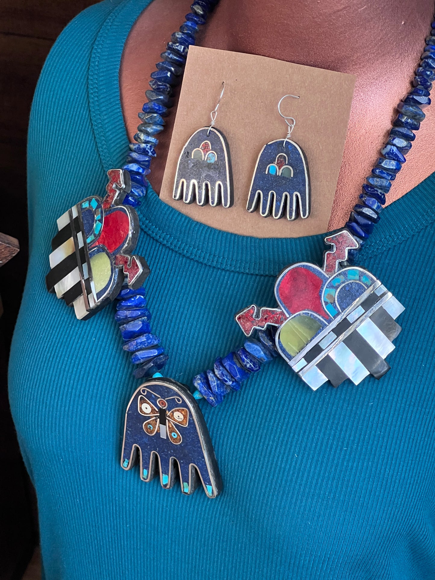 Warren Nieto Sterling Silver and Inlaid Stone Healing Hand and Monsoon Storm Cloud Necklace & Earrings Set