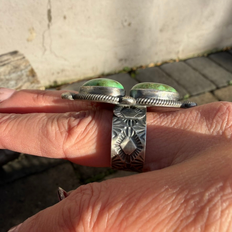 Navajo Sterling Silver Adjustable Double Sonoran Gold Turquoise Ring by Leon Martinez