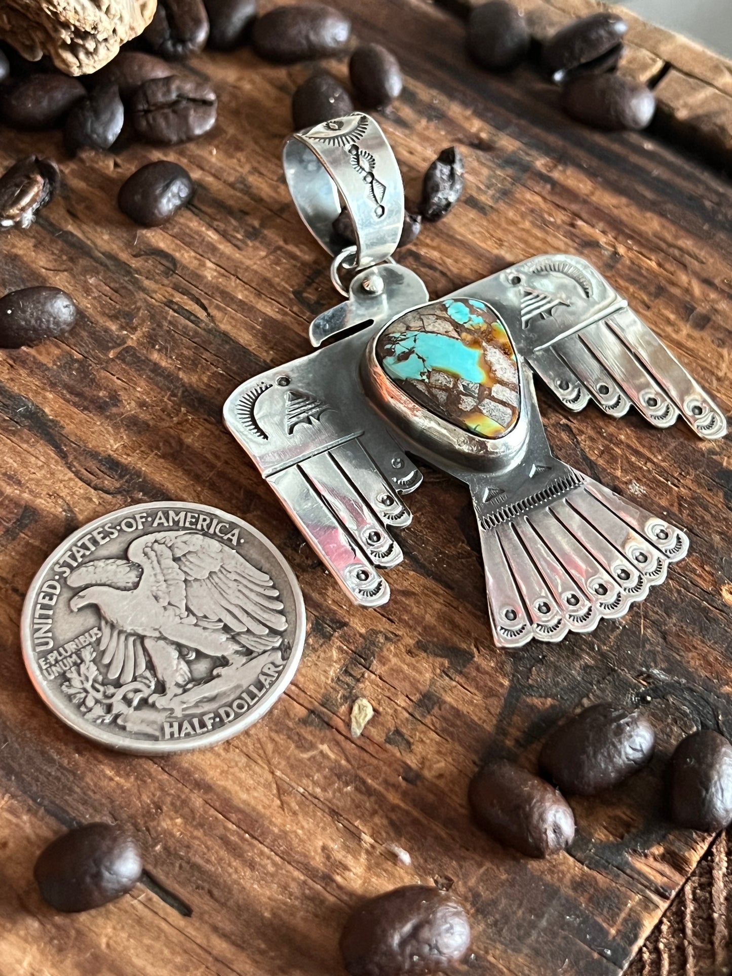 Hand Stamped Sterling Silver and Turquoise Thunderbird Pendant by Kimari Somers