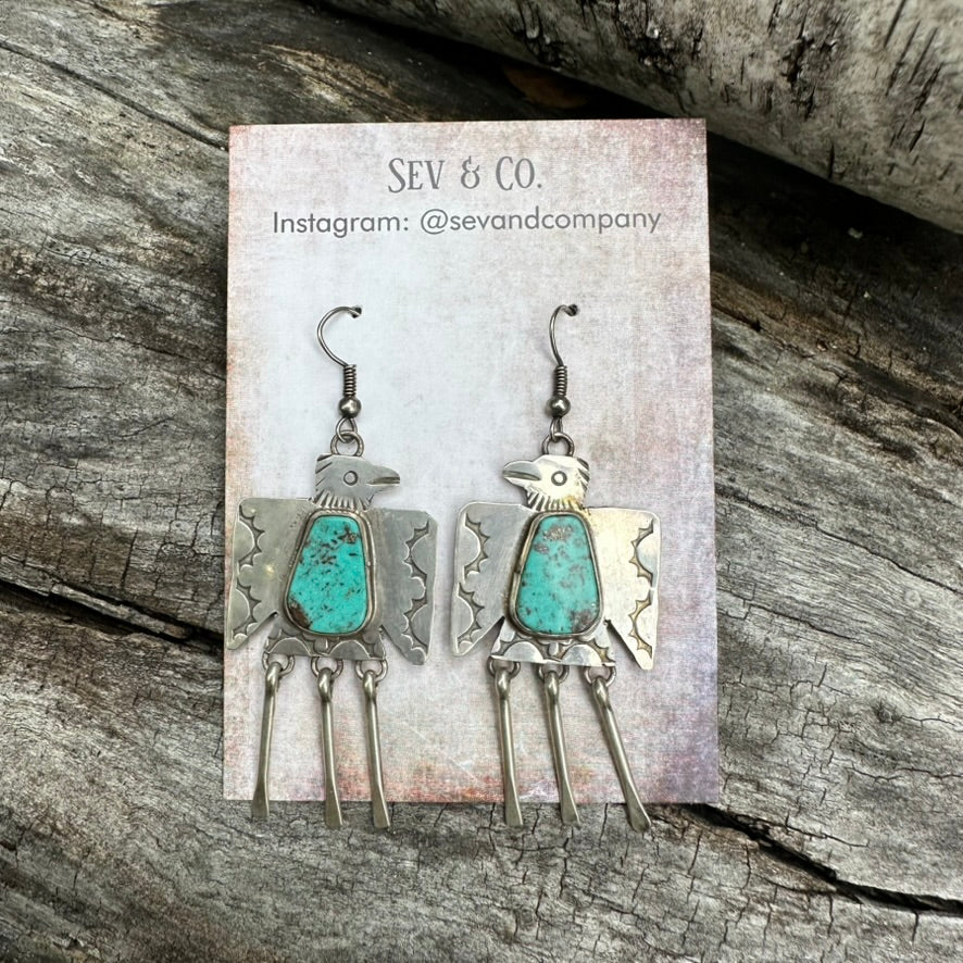 Native Made Turquoise and Sterling Silver Fringe Thunderbird Earrings by Vernon Begay