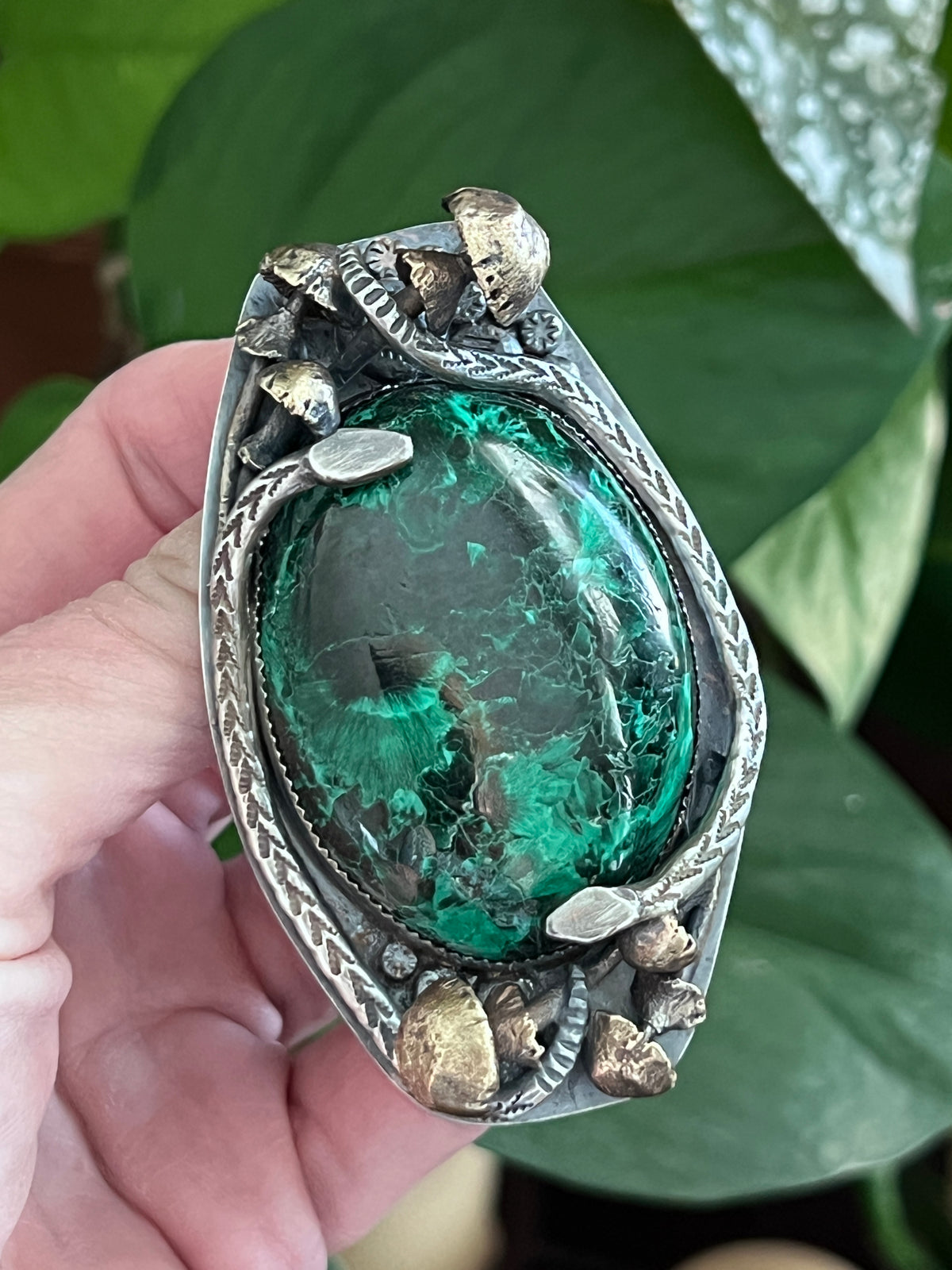 Sterling Silver, Brass and Malachite Garden Rattlesnake Pendant by Isaac Baca