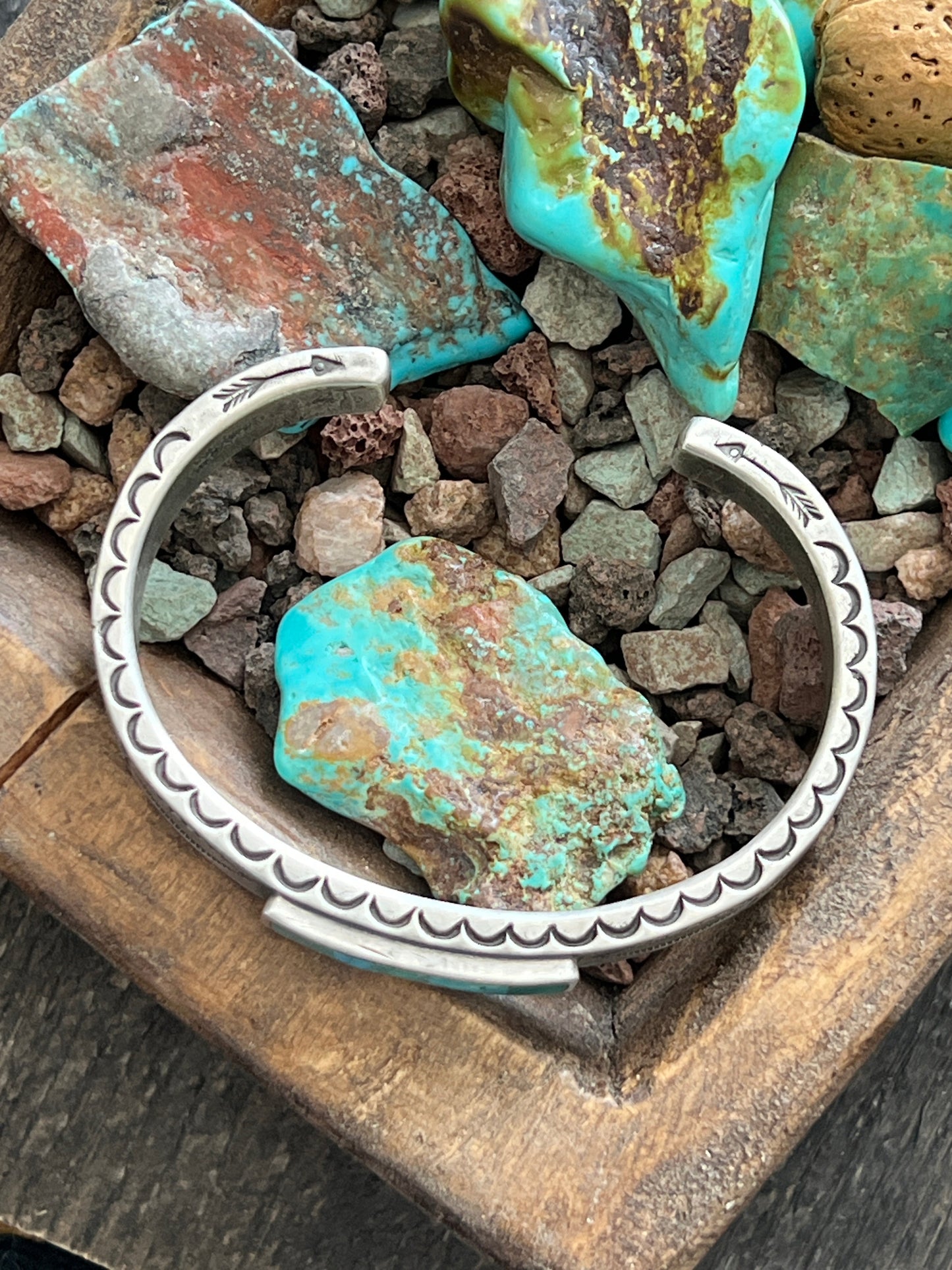 Falcon Trading Company Ingot Coin Silver and Fox Turquoise Inlay Cuff Bracelet by Joe O’Neill