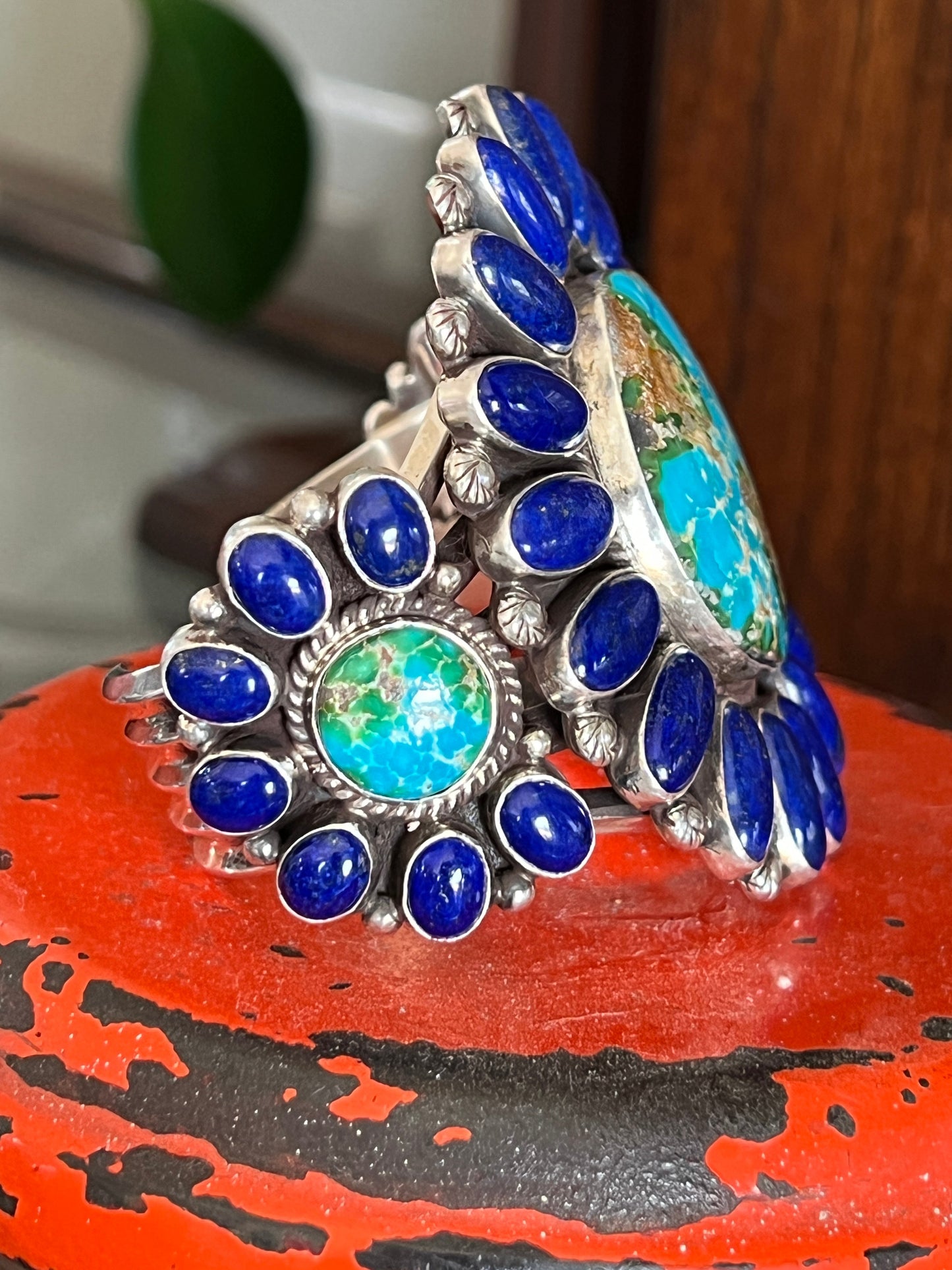 Navajo Sterling Silver, Sonoran Mountain Turquoise and Lapis Lazuli Cluster Cuff Bracelet by Tyler Brown