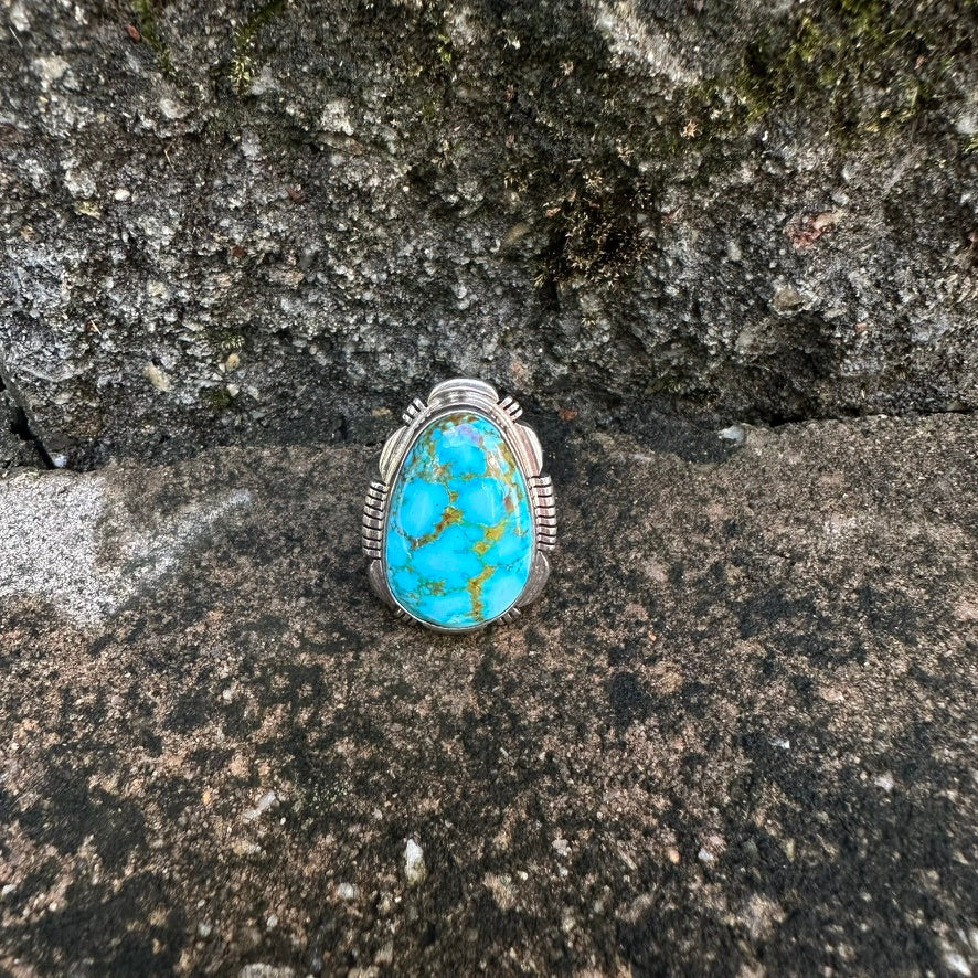 Navajo Sterling Silver Light Blue Webbed Kingman Turquoise Ring Signed by Allen Lee