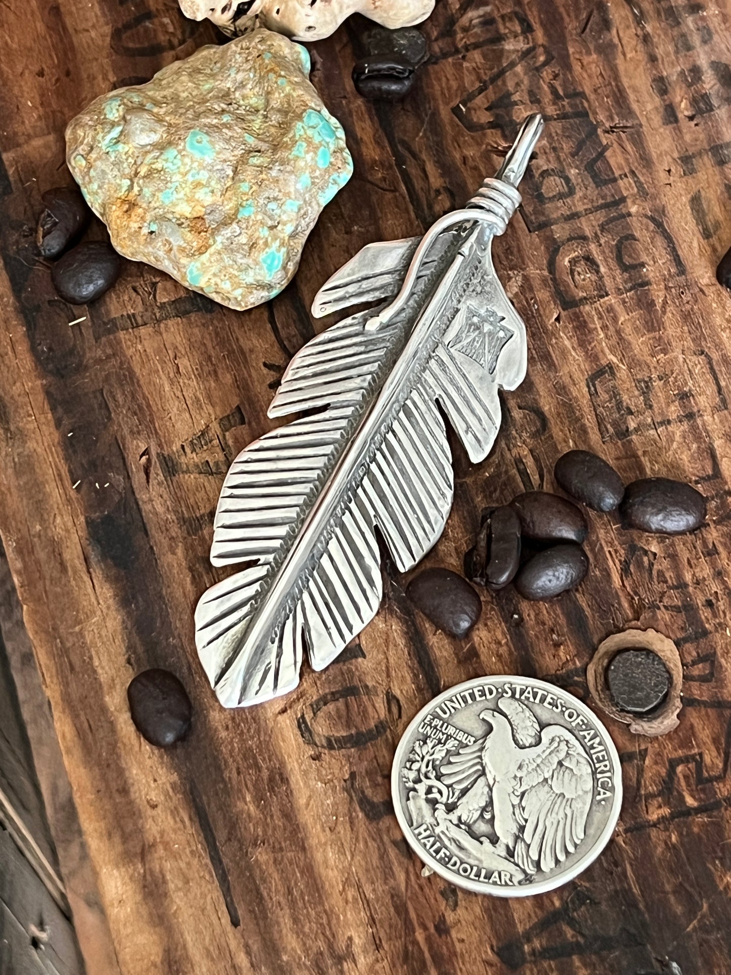 Rustic Sterling Silver Feather Pendant by Santa Fe Artist, Buffalo