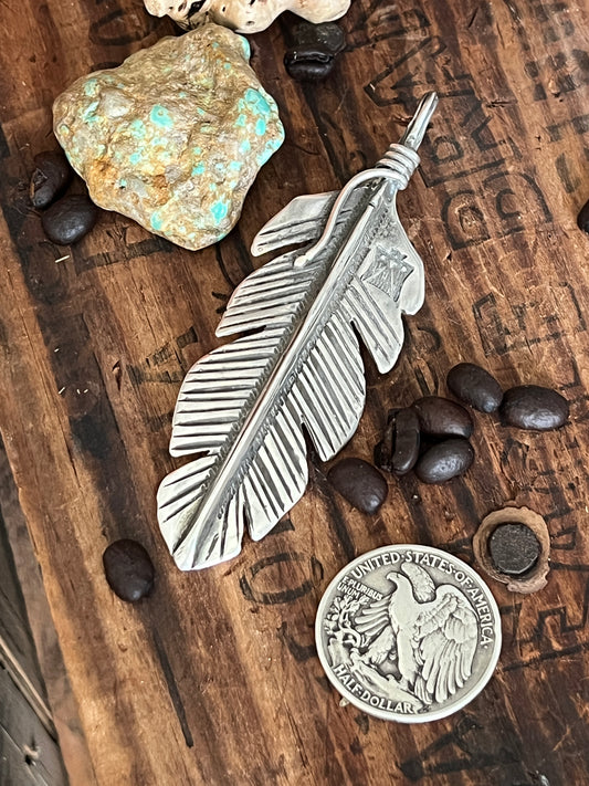 Rustic Sterling Silver Feather Pendant by Santa Fe Artist, Buffalo