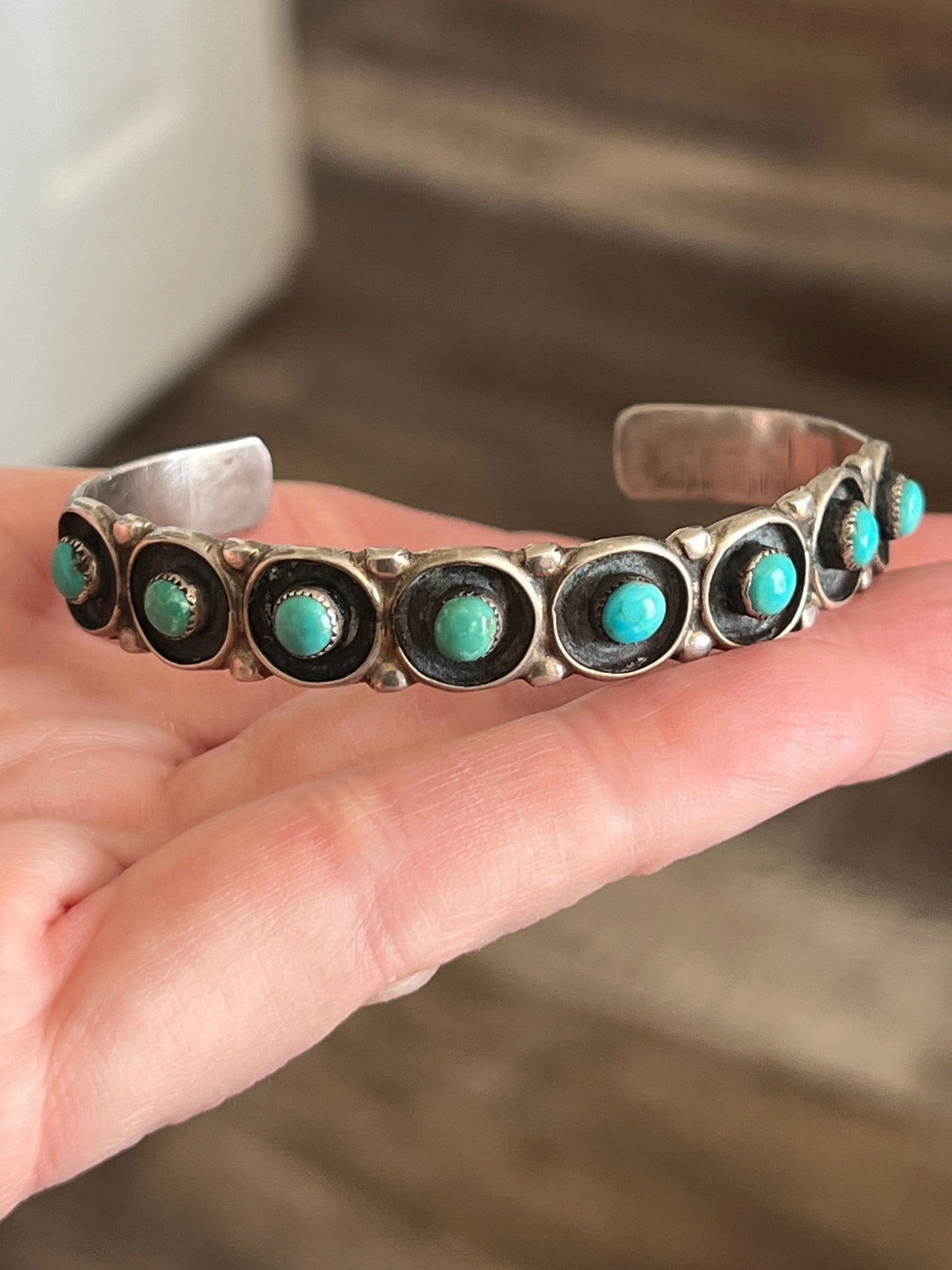 Vintage Zuni Sterling Silver and Round Turquoise Panel Stacker Cuff Bracelet