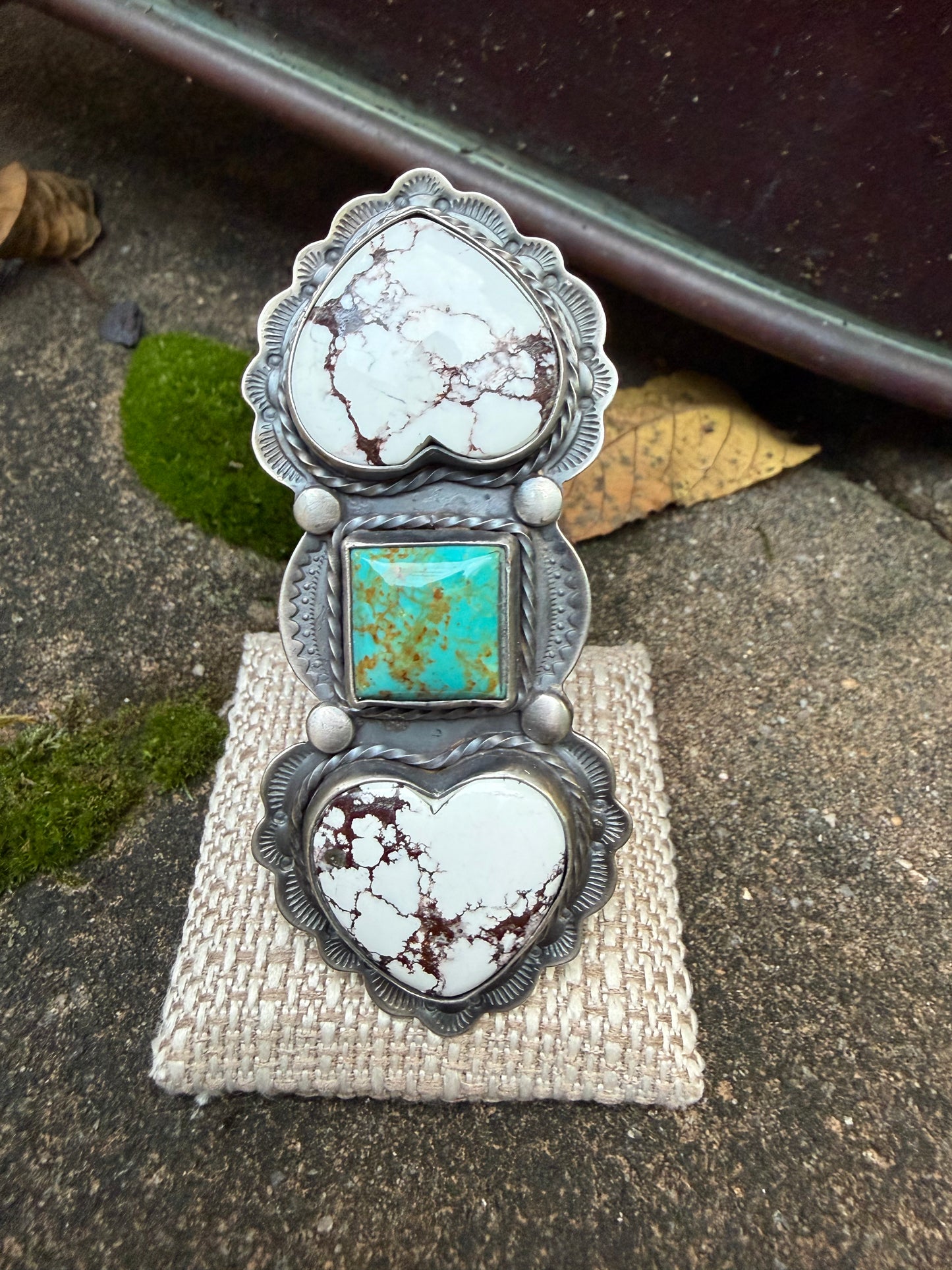 Rosella Paxson Triple Stone Sterling Silver Ring with Wild Horse Magnesite Hearts and Square Turquoise, Sz 9