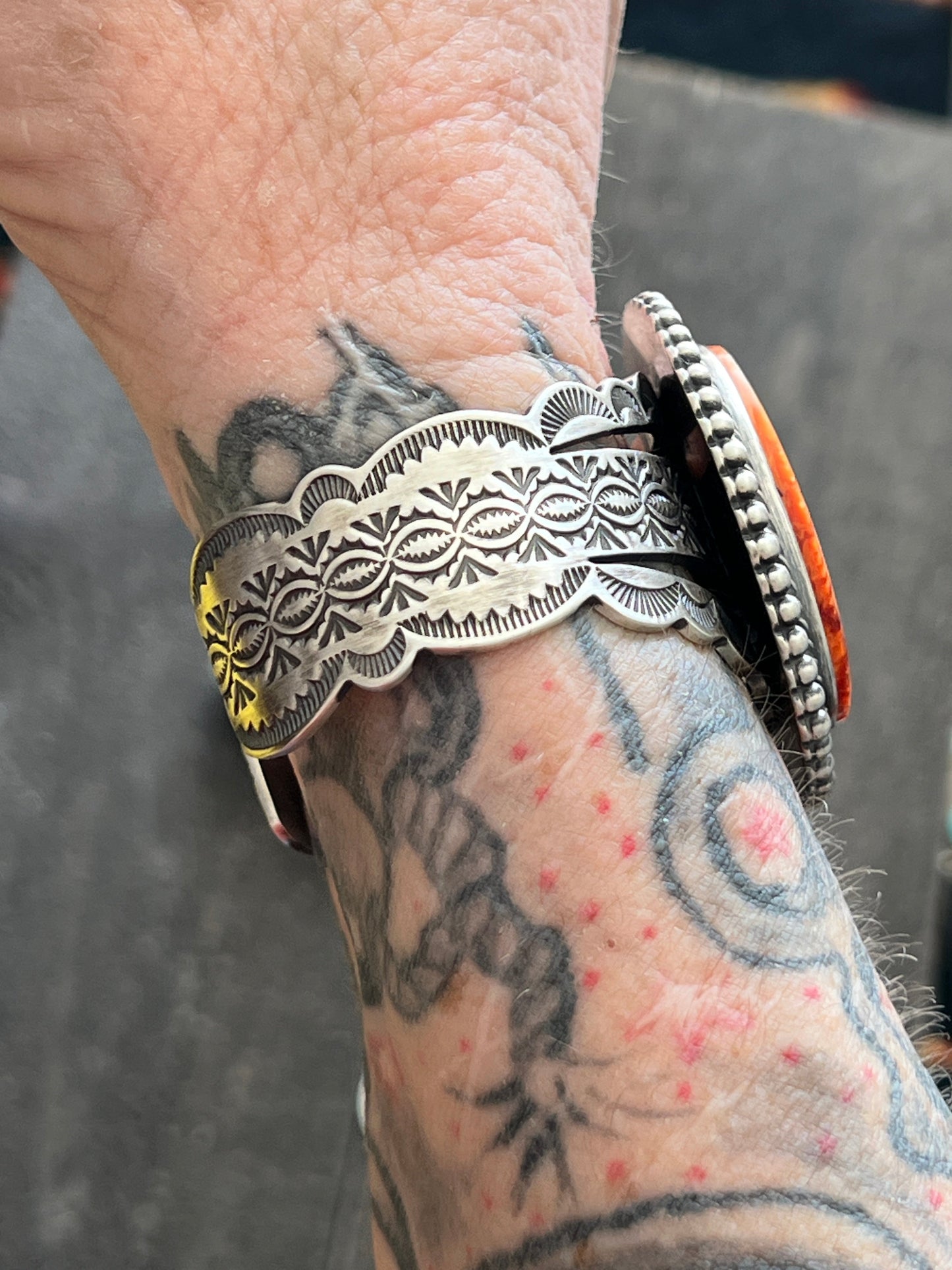 Navajo Hand Stamped Sterling Silver Split Cuff Bracelet with Spiny Oyster Shell by Murphy Platero