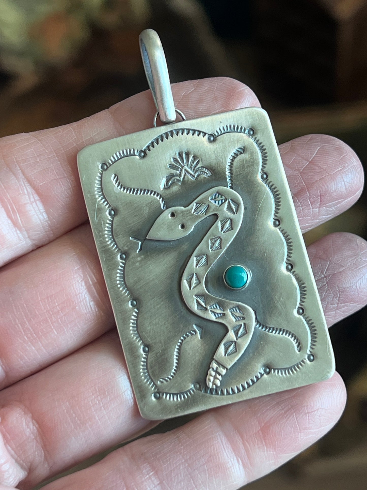 Hand Stamped Sterling Silver Fred Harvey Era Inspired Snake Tag Pendant by Kimari Somers