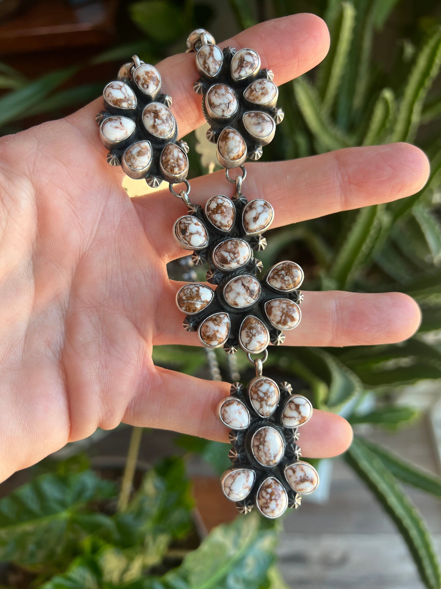 Navajo Sterling Silver and Wild Horse Cluster Necklace with Earrings, Signed D