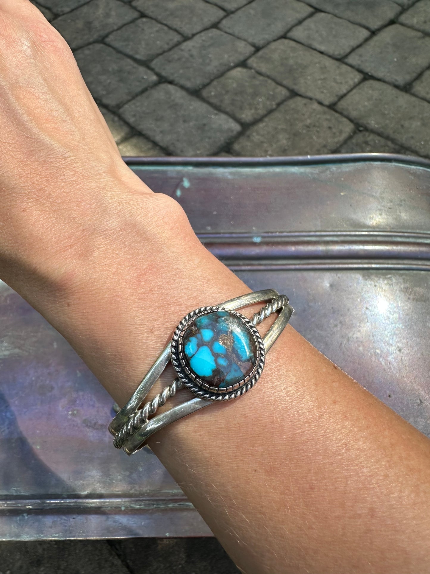 Vintage Navajo Turquoise and Sterling Silver Split Wire Cuff by Harry R Morgan
