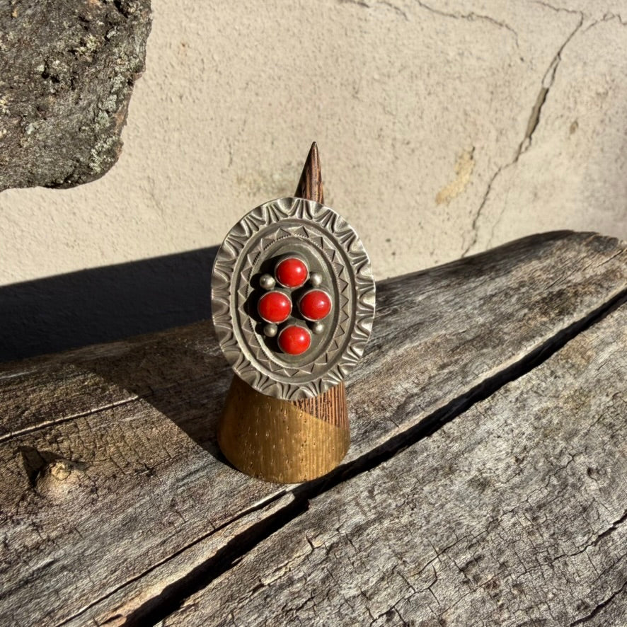 Navajo Sterling Silver Mediterranean Coral Cluster Ring Signed by Calvin Martinez
