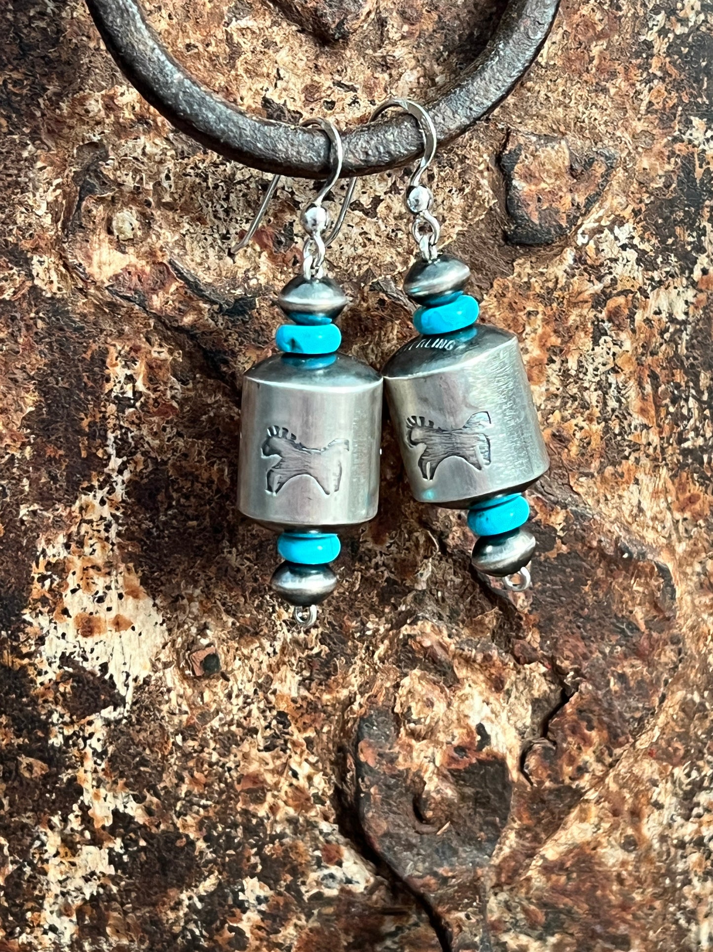 Navajo Sterling Silver and Turquoise Handmade Barrel Bead Earrings by Preston Haley