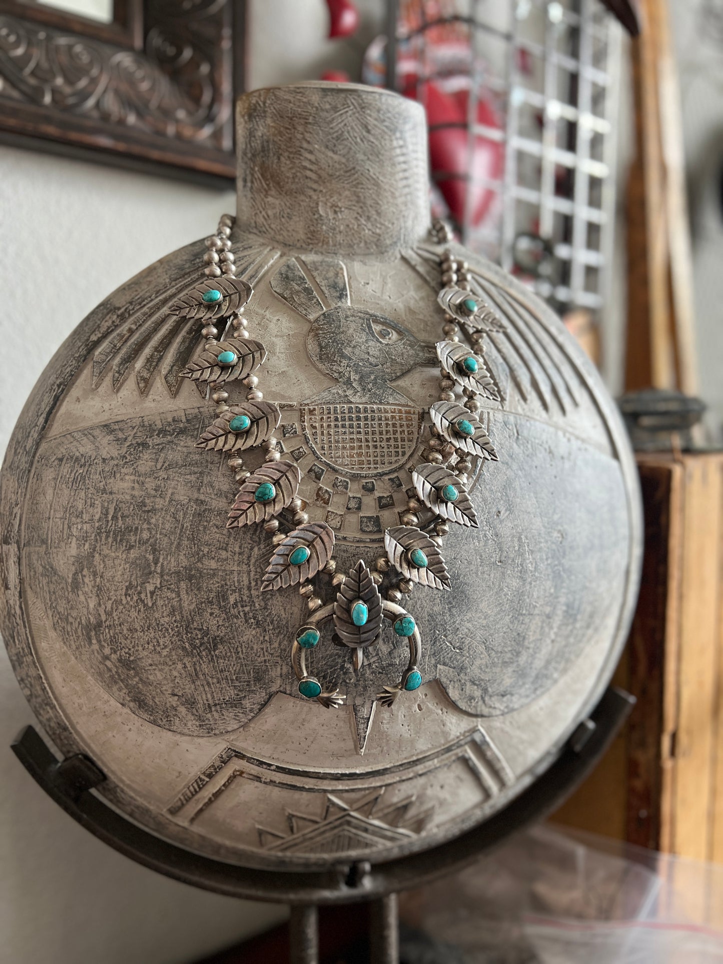 Vintage Unsigned Sterling Silver and Turquoise Squash Blossom with Leaf Motif
