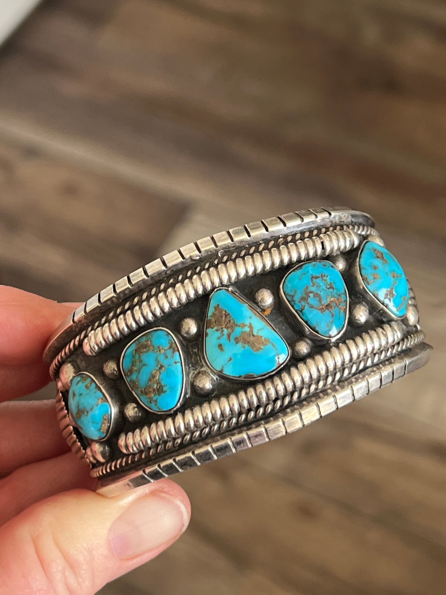 Vintage Hefty Sterling Silver and Turquoise Cuff Bracelet, Signed JY