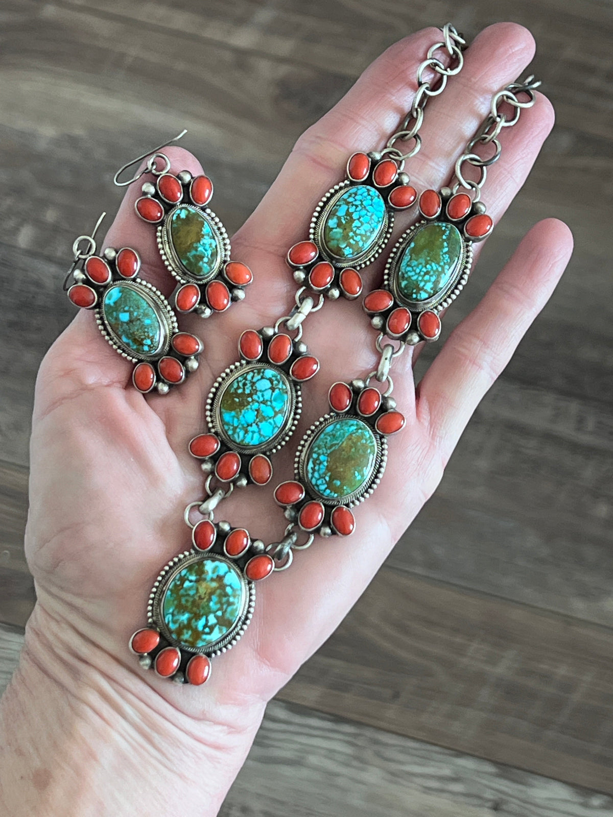 Taos Collection: Handcrafted Sterling Silver, Kingman Turquoise and Mediterranean Coral Necklace & Earrings Set by Kathleen Chavez