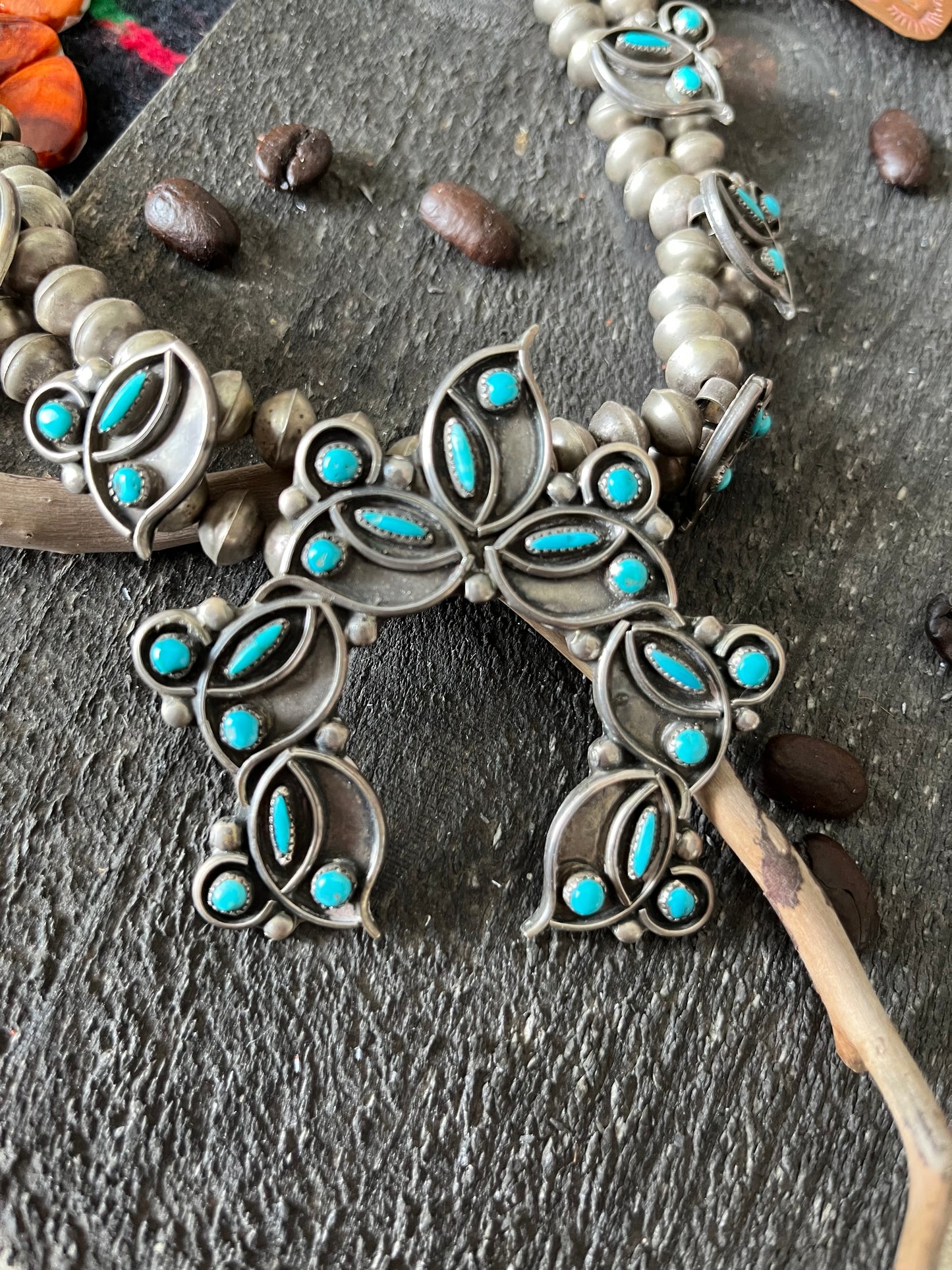 Vintage Unsigned Sterling Silver and Turquoise Squash Blossom, Zuni Style