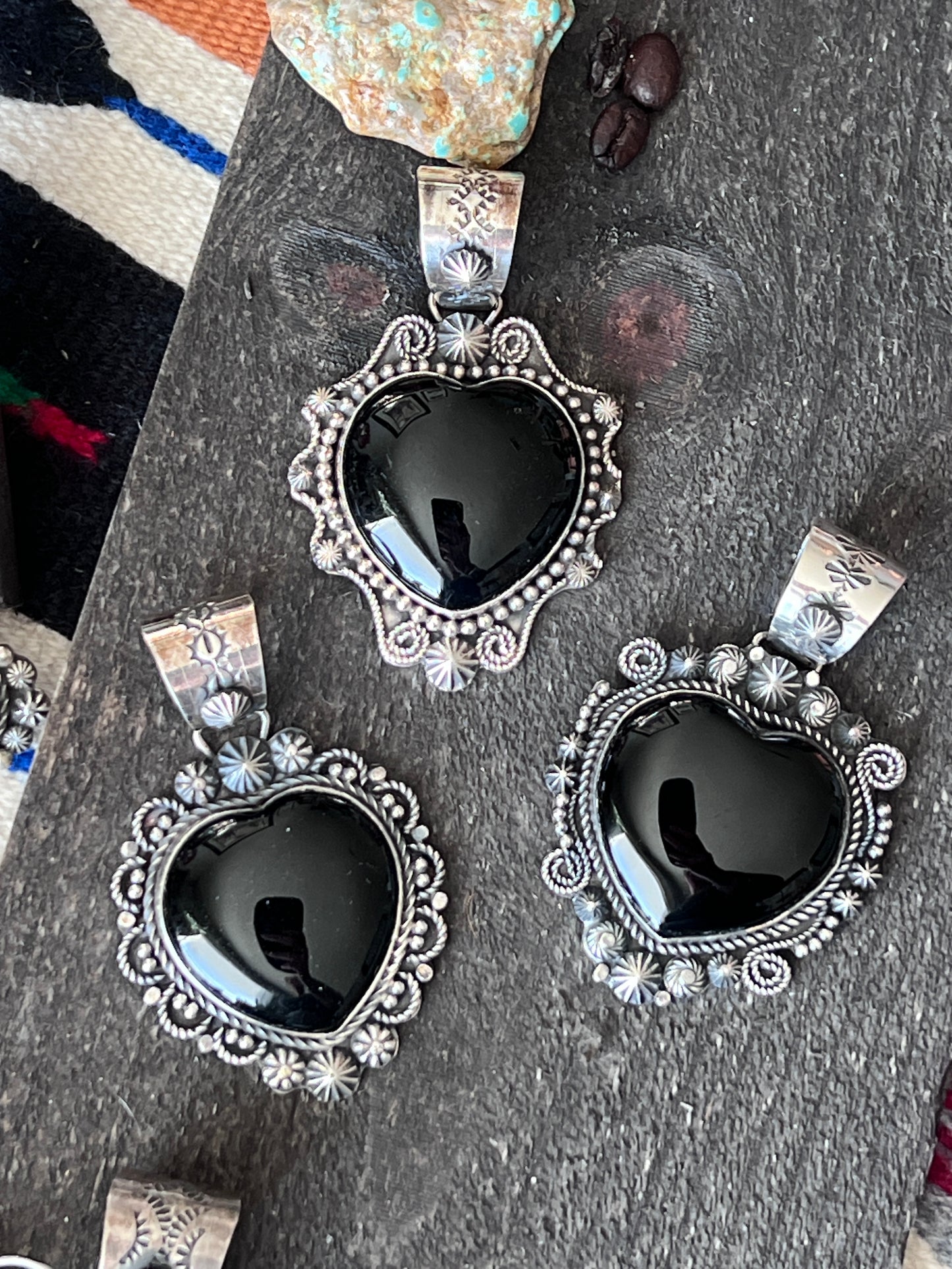 Black Onyx and Sterling Silver Heart Pendants by Rosella Paxson