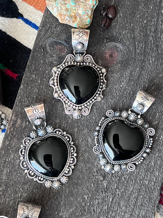 Black Onyx and Sterling Silver Heart Pendants by Rosella Paxson