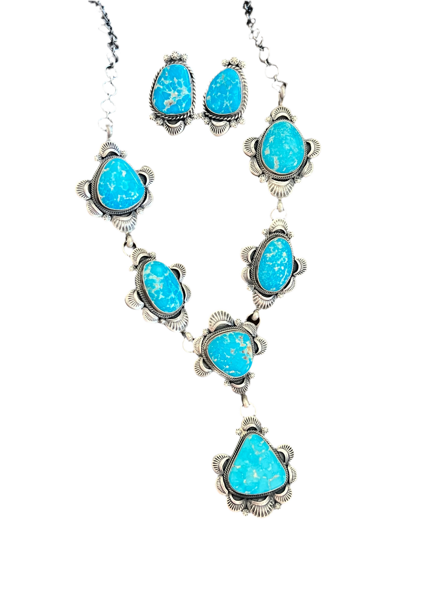 Stellar Navajo Sterling Silver and Whitewater Turquoise  Necklace and Earrings Set by Gilbert Tom