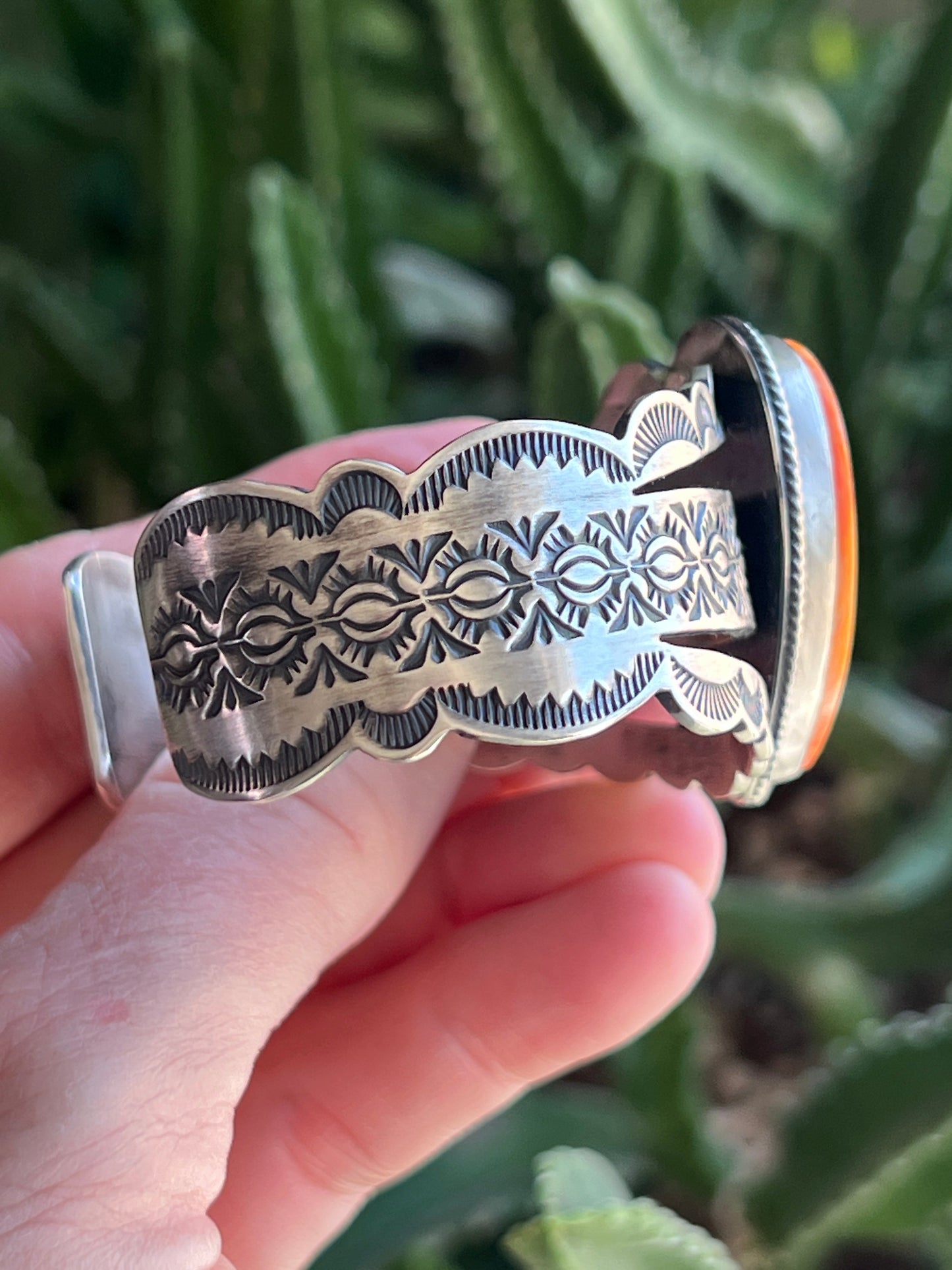 Navajo Sterling Silver and Orange Spiny Oyster Shell Heart Cuff Bracelet by Murphy Platero