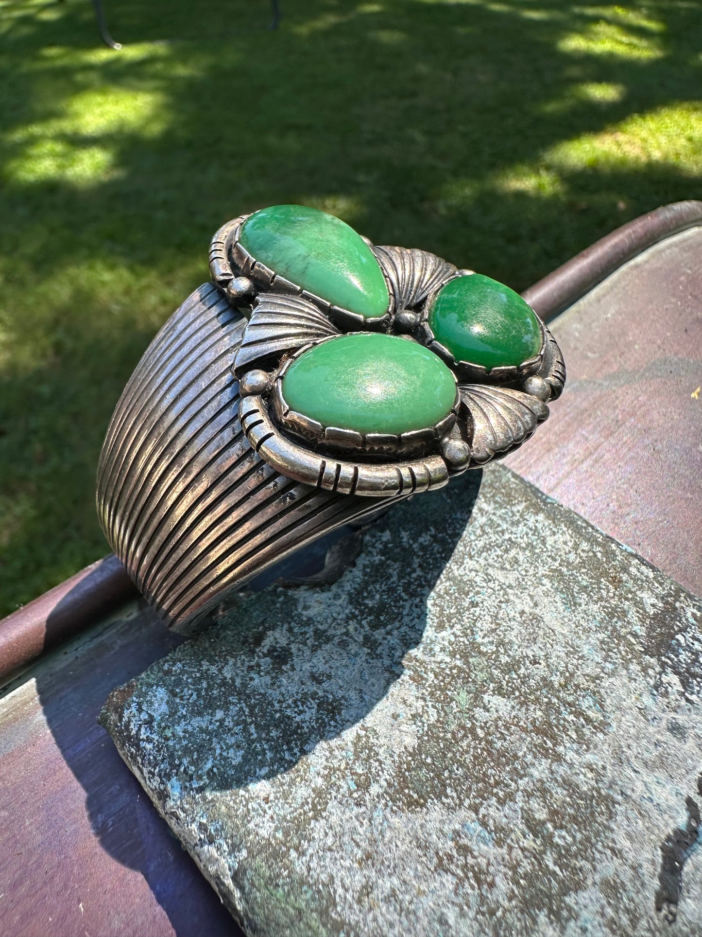 Vintage Sterling Silver Three Stone Green Goddess Cuff Bracelet, Unsigned