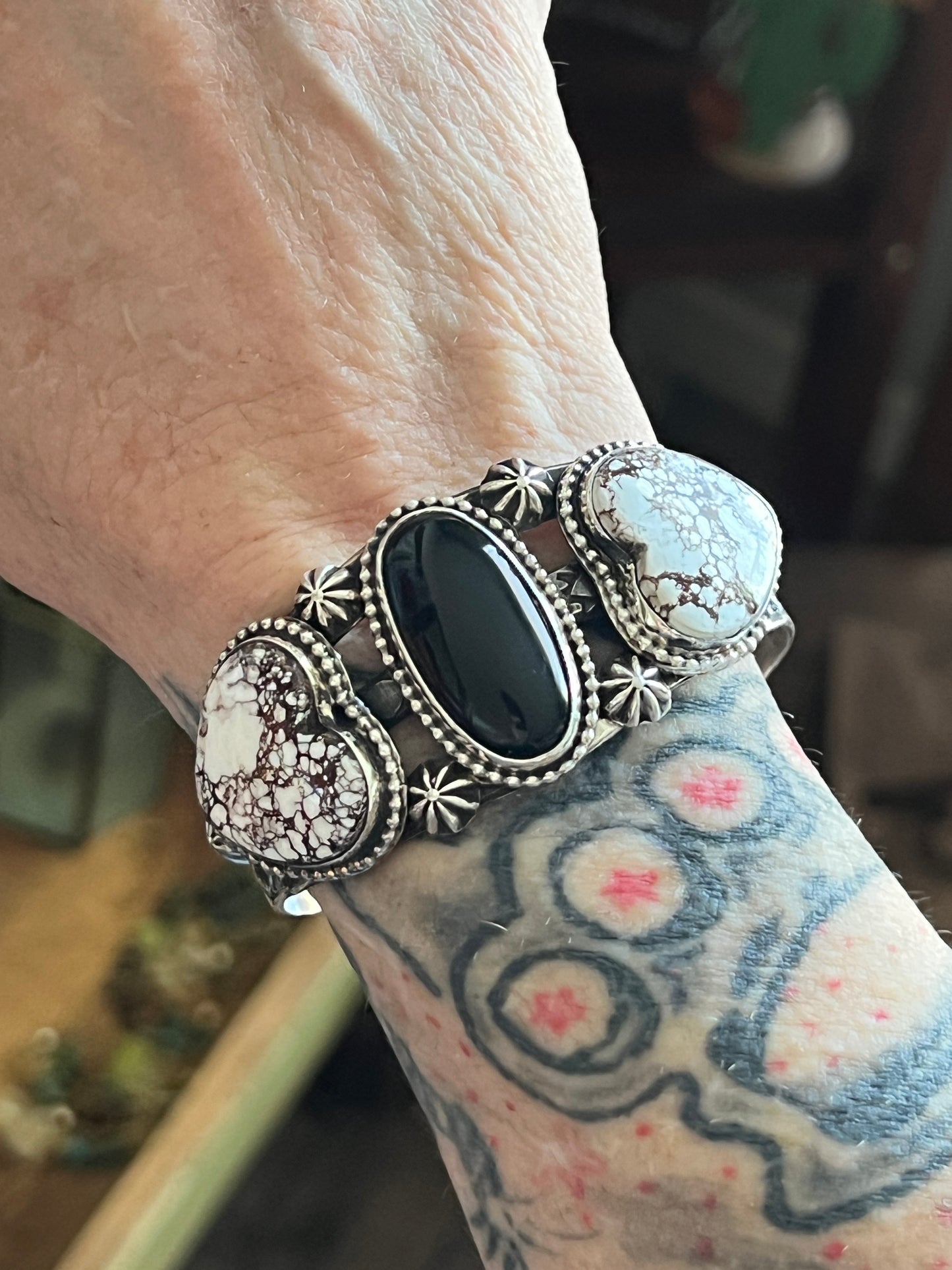 Rosella Paxson Sterling Silver Cuff Bracelet with Wild Horse Magnesite Hearts and Oval Onyx