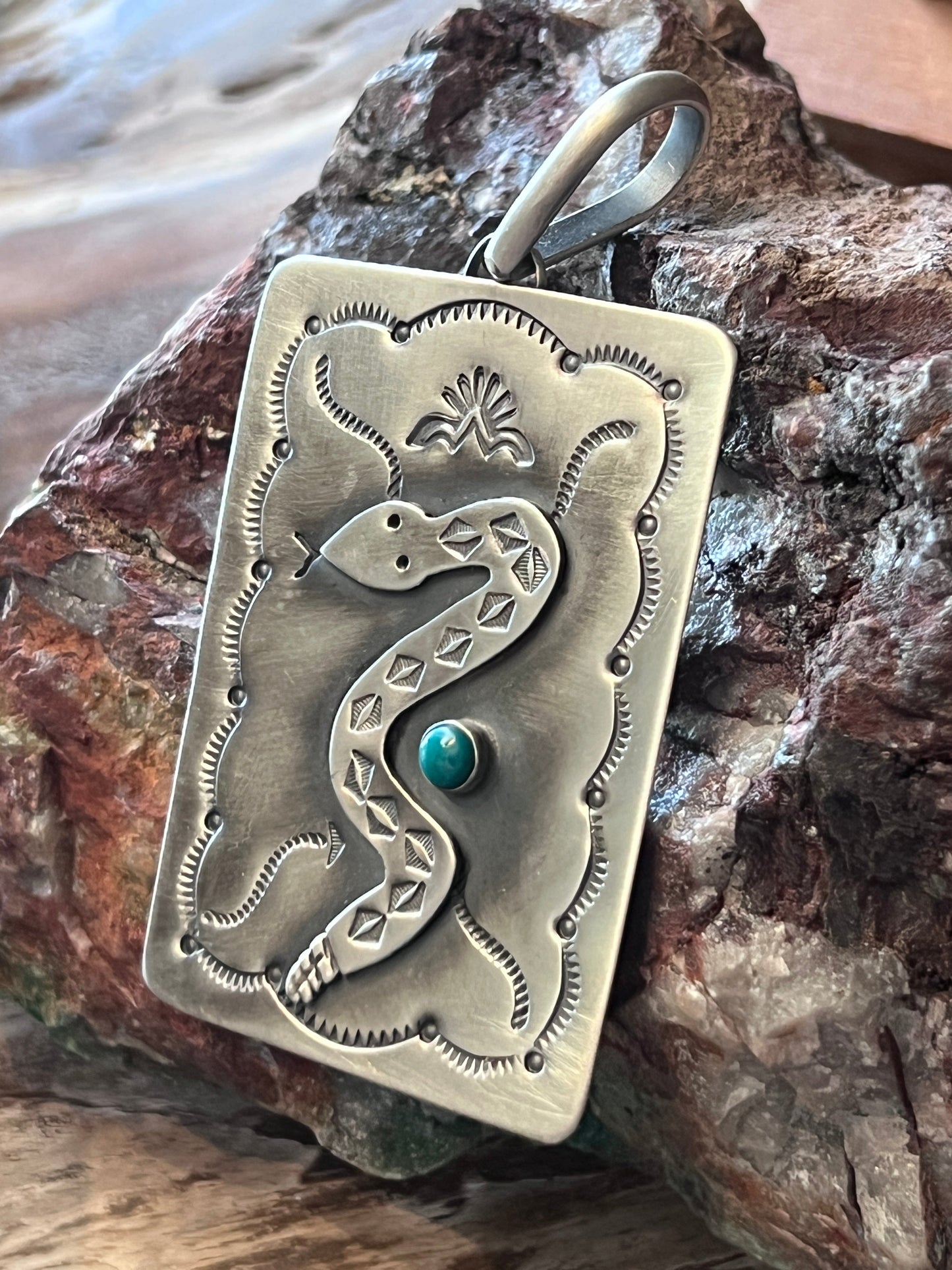 Hand Stamped Sterling Silver Fred Harvey Era Inspired Snake Tag Pendant by Kimari Somers