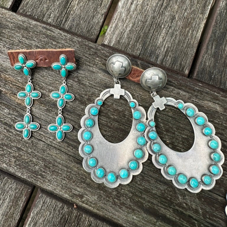Artisan Made Sterling Silver and Turquoise Large Scallop Earrings by Dennis Hogan