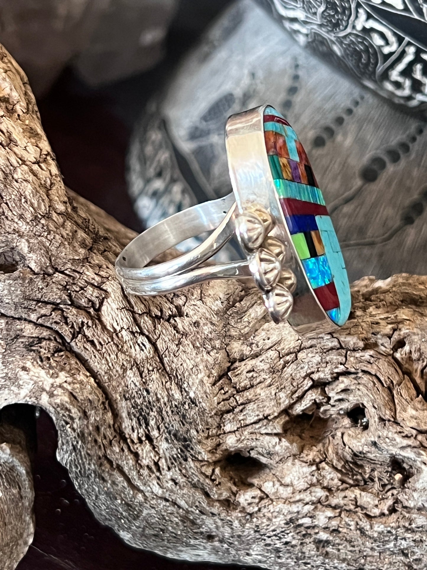 Ronald Chavez Electric Rainbow Sterling Silver Oval Mosaic Multistone Ring, Size 9-1/2
