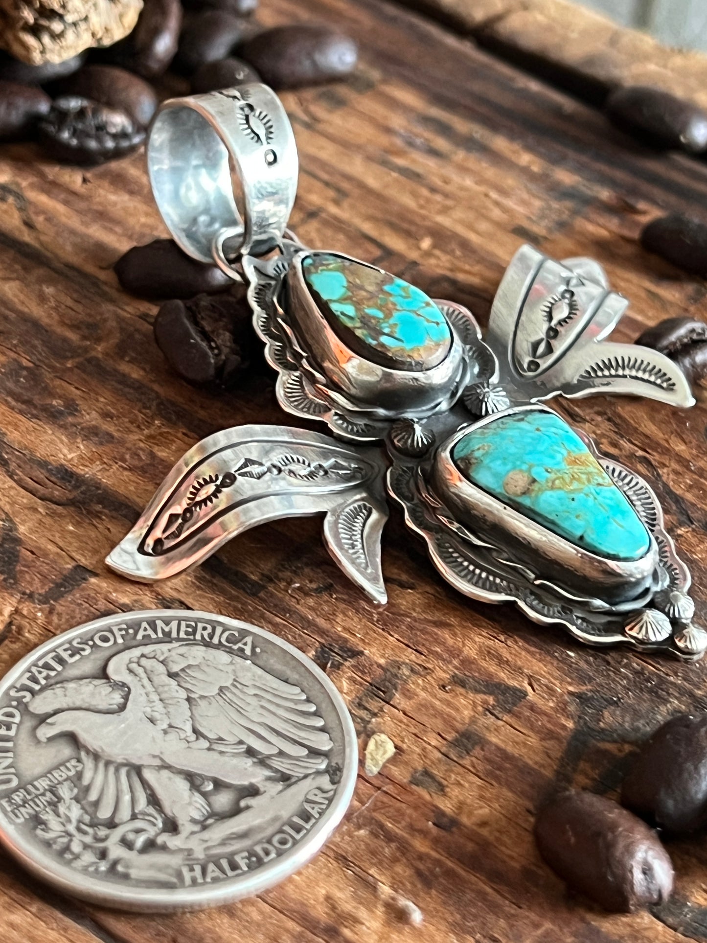 Handcrafted Sterling Silver and Turquoise Winged Bug Pendant by Kimari Somers