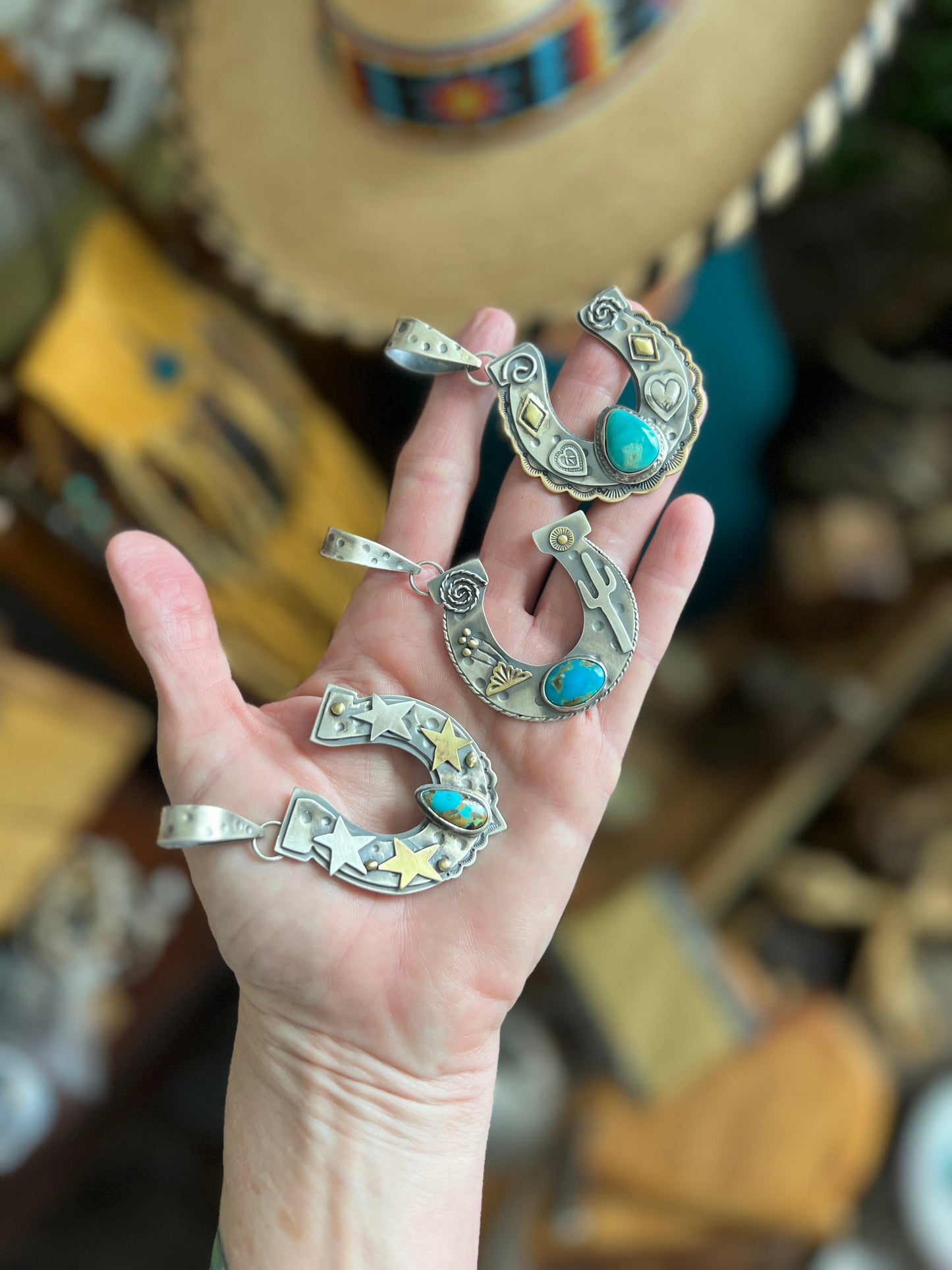 Kimari Somers Hand Stamped Sterling Silver Sonoran Desert Horseshoe Pendant with Brass & Royston Turquoise