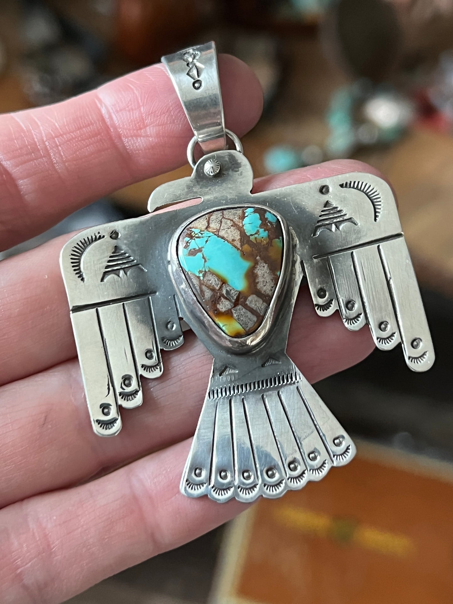Hand Stamped Sterling Silver and Turquoise Thunderbird Pendant by Kimari Somers
